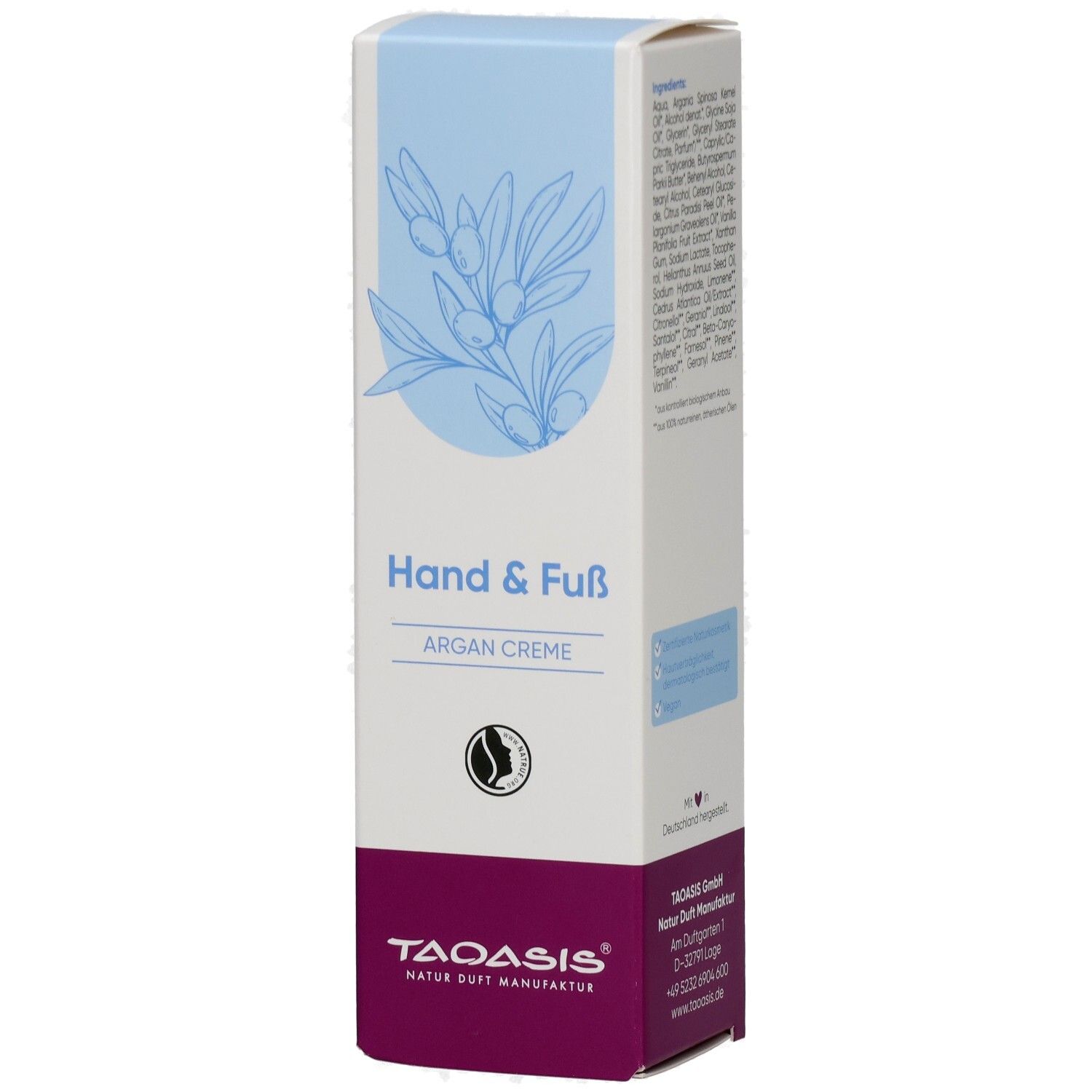 Vorderseite der TAOASIS Hand & Fuß Argan Creme Verpackung mit Arganzweig-Illustration und Produktnamen.