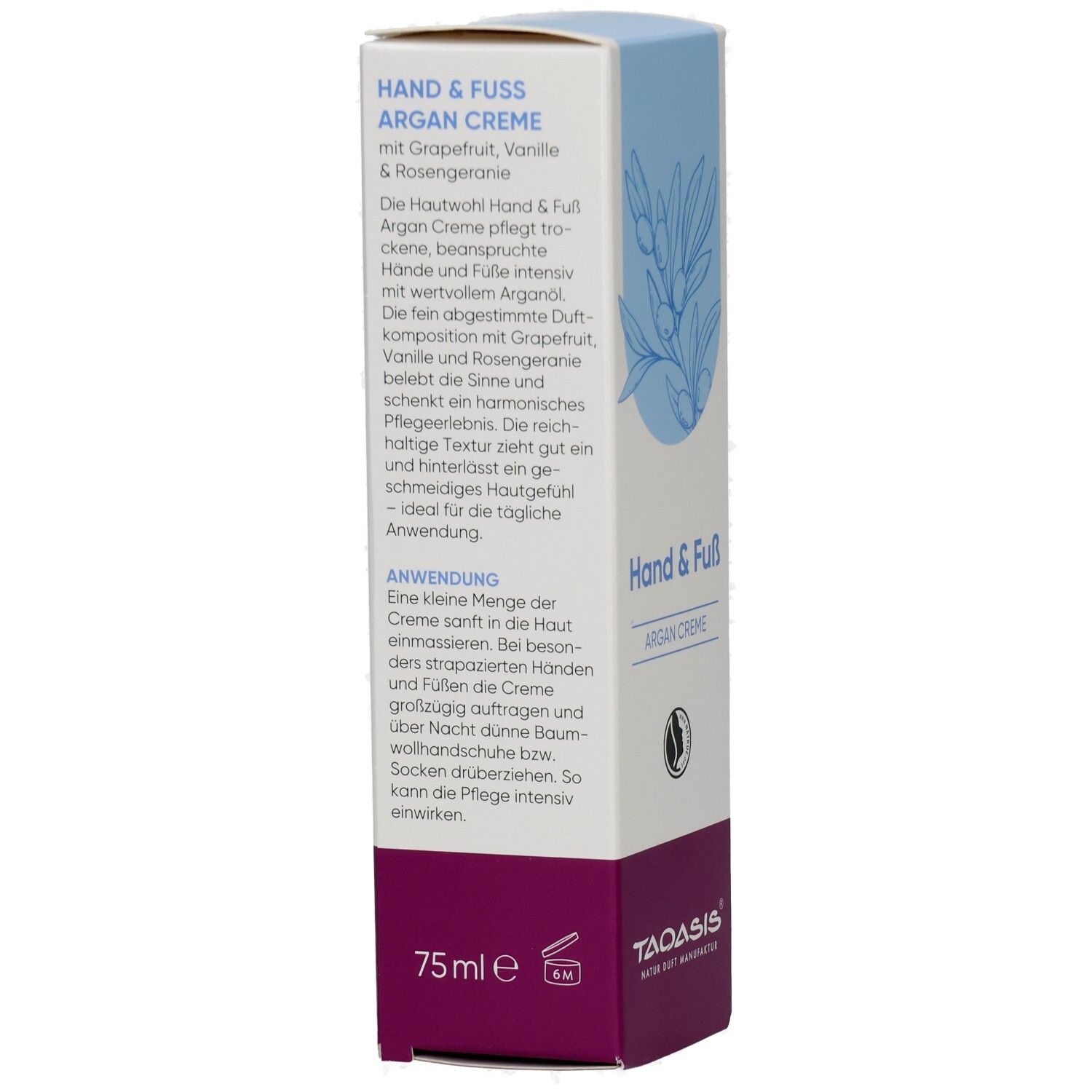 Seitenansicht der TAOASIS Hand & Fuß Argan Creme Verpackung mit Anwendungshinweisen und 75ml Angabe.