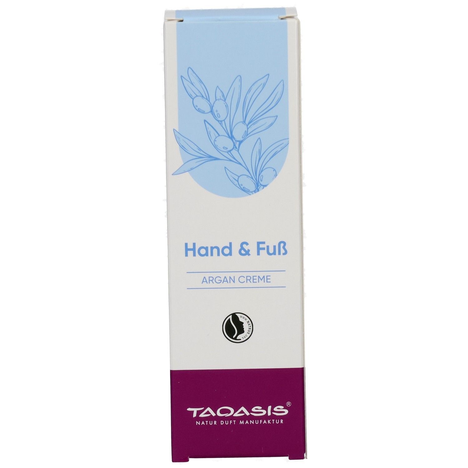 Vorderseite der TAOASIS Hand & Fuß Argan Creme Verpackung mit Arganzweig-Illustration und Produktnamen.