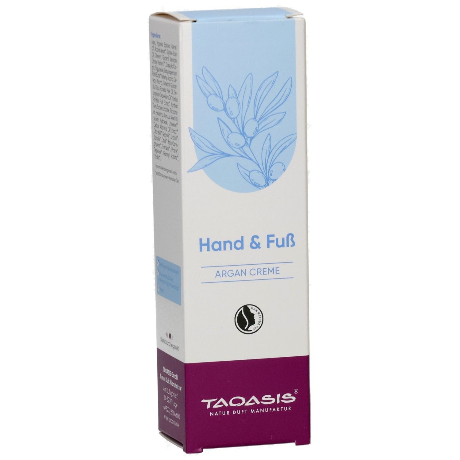Seitenansicht der TAOASIS Hand & Fuß Argan Creme Verpackung mit Inhaltsstoffliste und Siegeln.