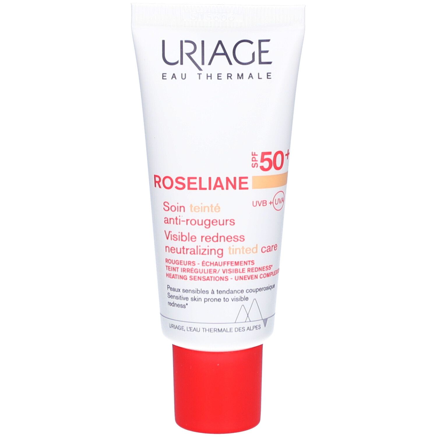 Weiße Tube mit roter Kappe. Aufschrift: Uriage, Roséliane, SPF 50+. Produkt für empfindliche Haut.