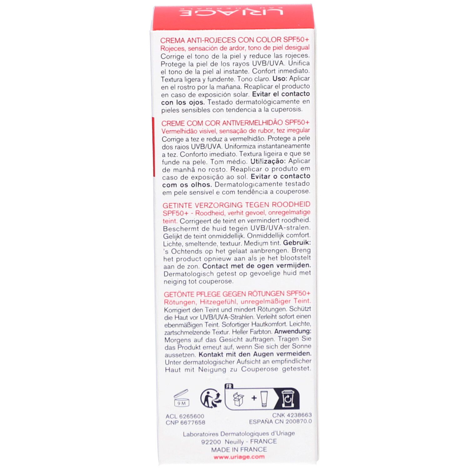 Seite der Verpackung. Text in mehreren Sprachen. Informationen über das Produkt und Inhaltsstoffe.