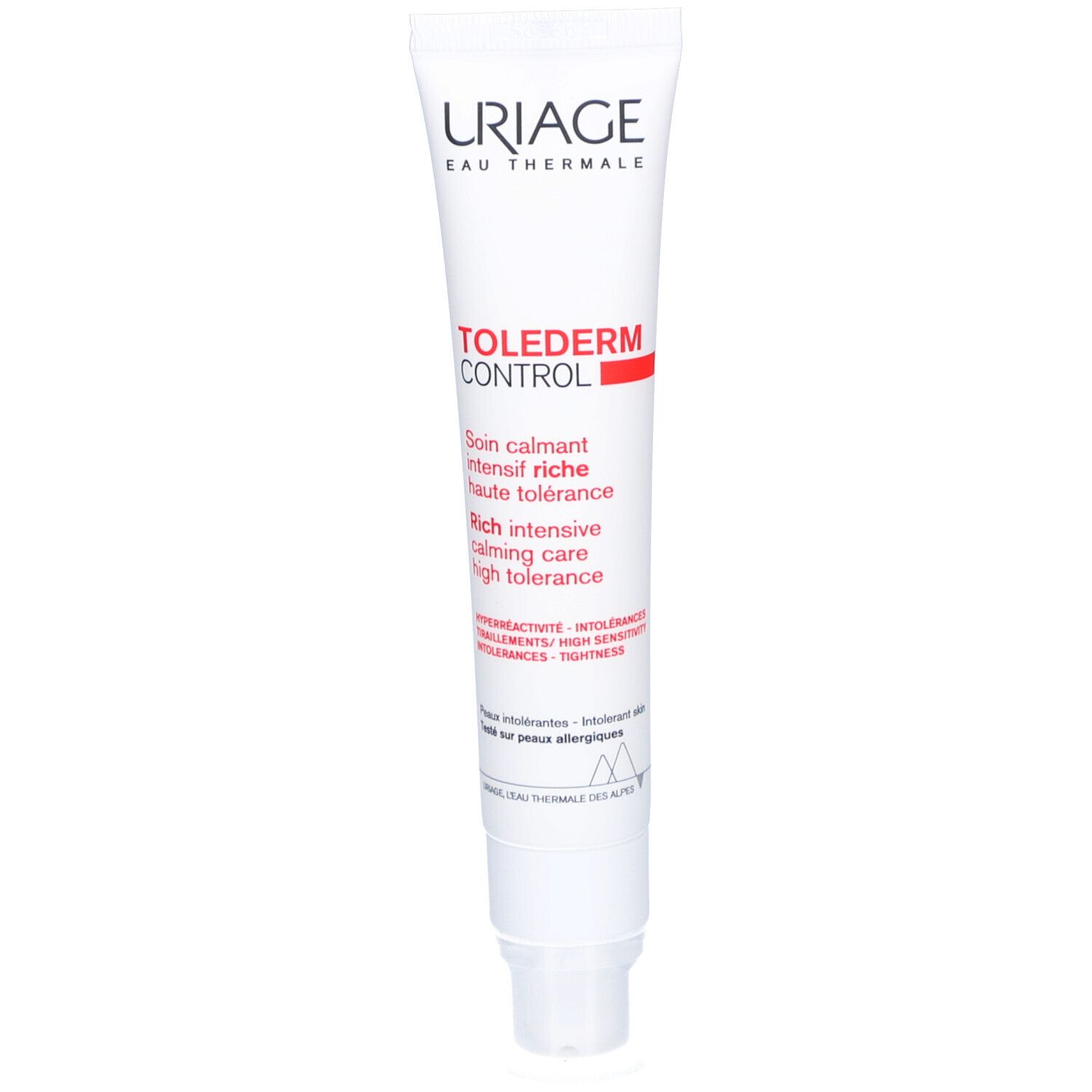 Weiße Tube mit roter Schrift. Uriage und Tolederm Control. Französische und englische Texte. Schraubverschluss.