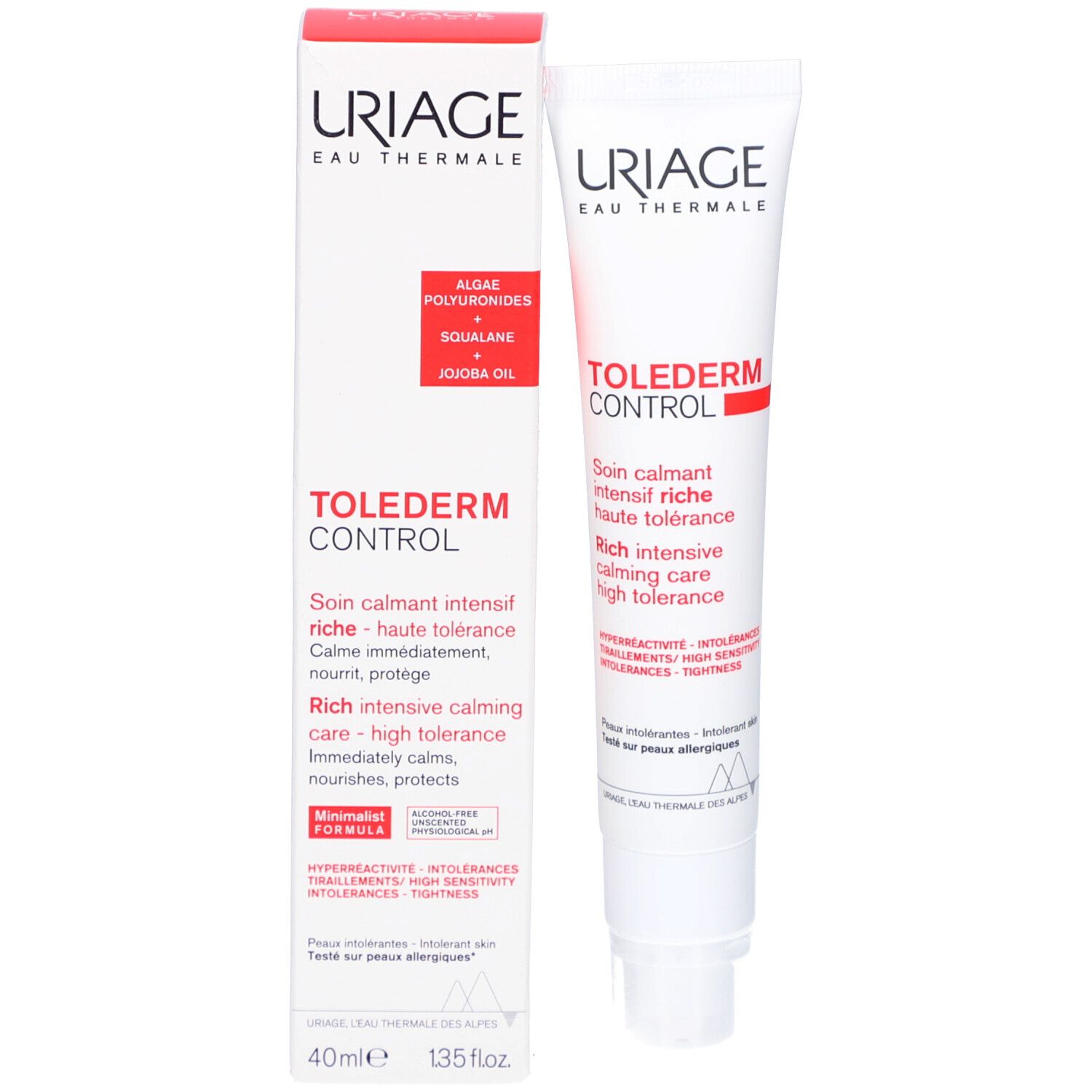 Produkt mit Verpackung. Weiße Tube und Karton. Uriage, Tolederm Control. Französische und englische Texte.