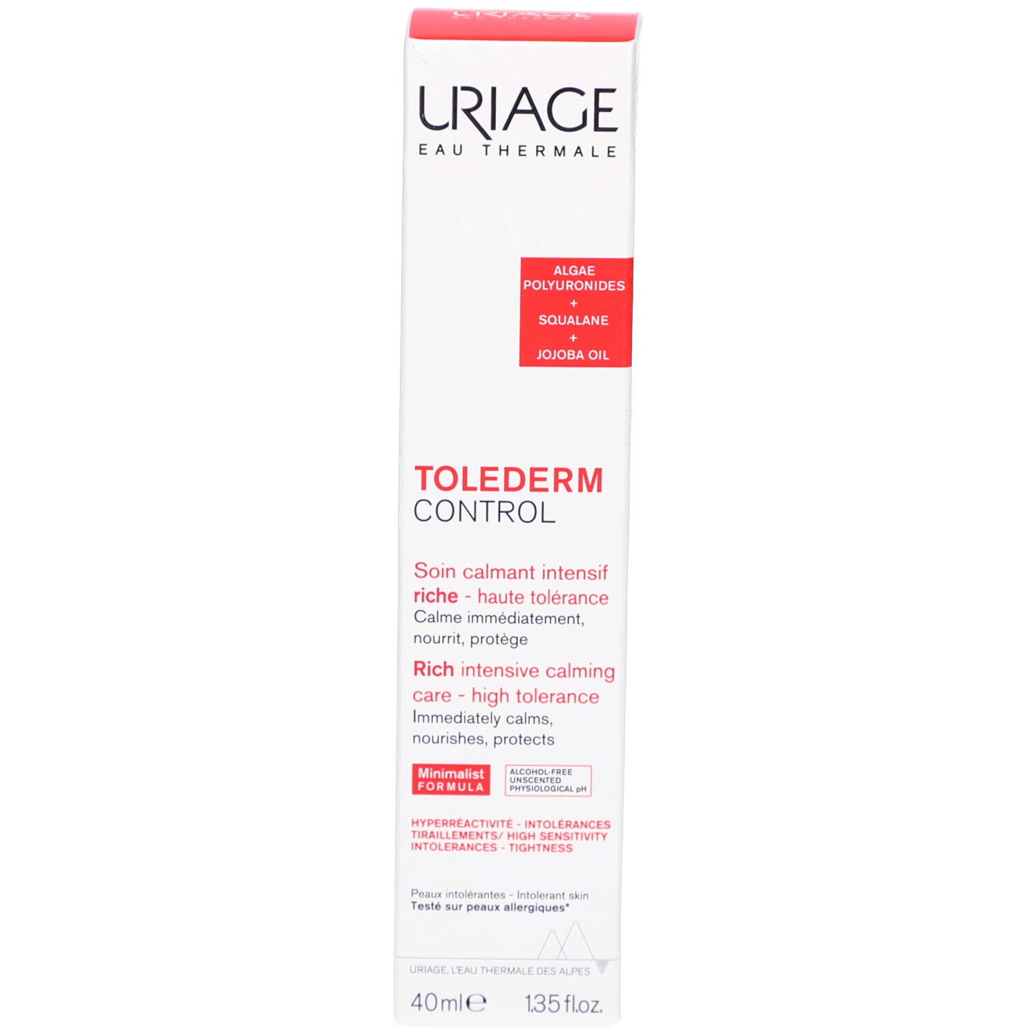 Karton mit Produkt. Uriage, Tolederm Control. Texte in mehreren Sprachen. Inhaltsstoffe und Eigenschaften.