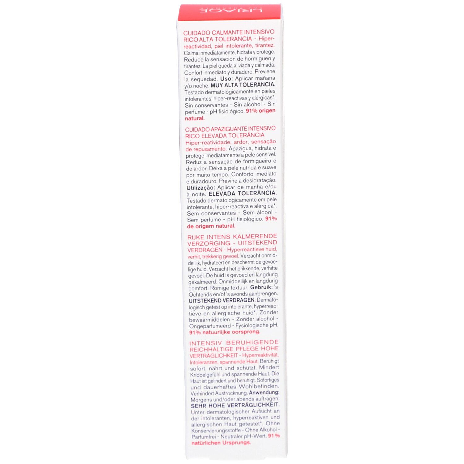 Rückseite der Verpackung. Texte in mehreren Sprachen. Inhaltsstoffe, Anwendung, Herstellerinformationen.