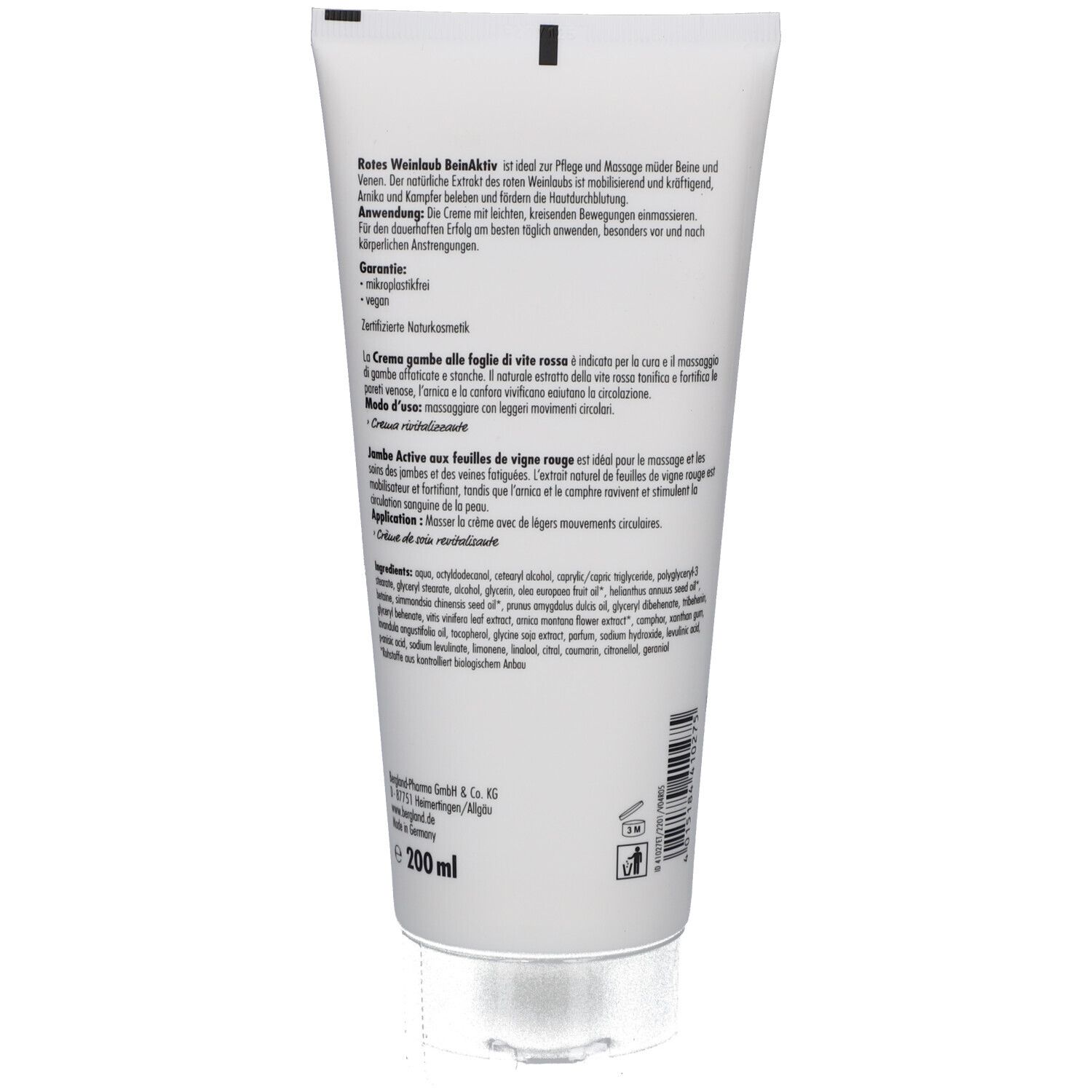 Rückseite der Creme-Tube mit Text. Inhaltsstoffe, Anwendungshinweise und Herstellerinformationen.