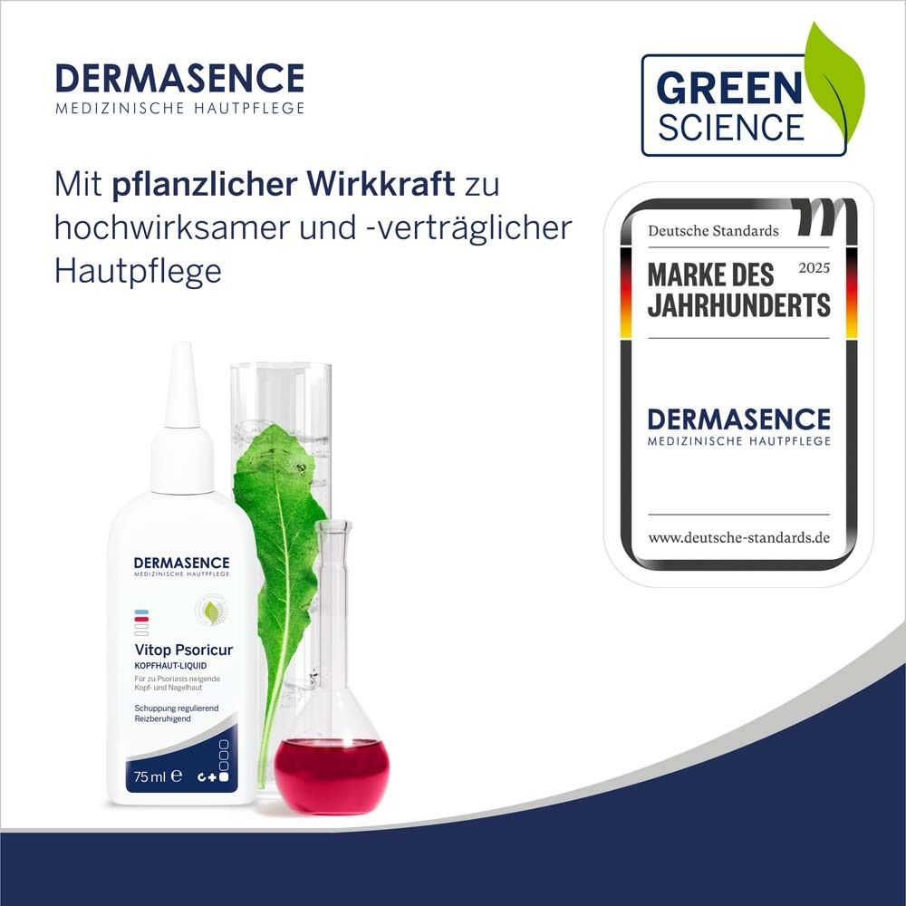 Produktflasche, Becherglas mit Flüssigkeit, Blatt. Aufschrift: DERMASENCE. Logo: Green Science. Auszeichnung: Marke des Jahrhunderts.
