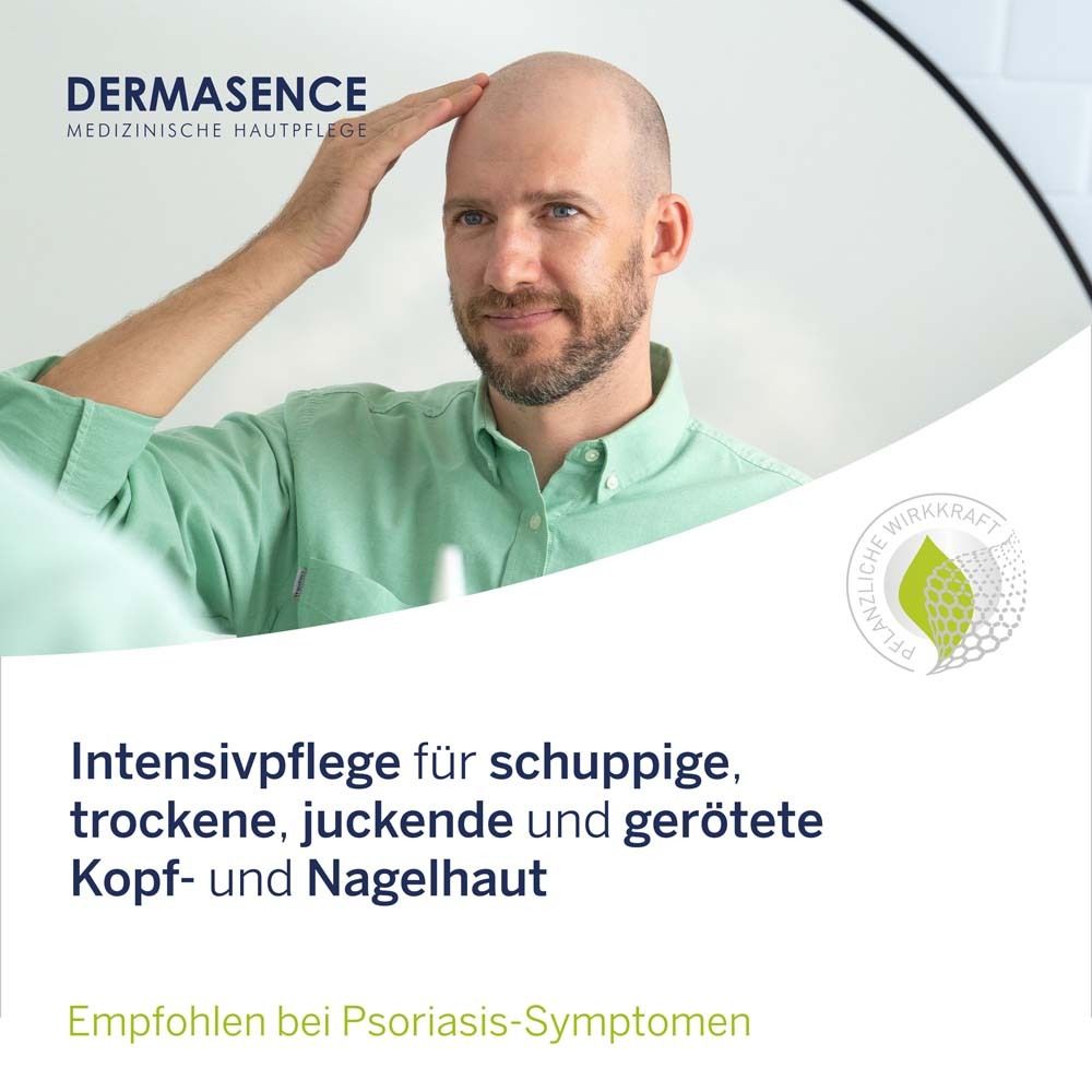 Mann berührt Kopf. Text: Intensivpflege für schuppige, trockene, juckende und gerötete Kopf- und Nagelhaut. Empfohlen bei Psoriasis-Symptomen.