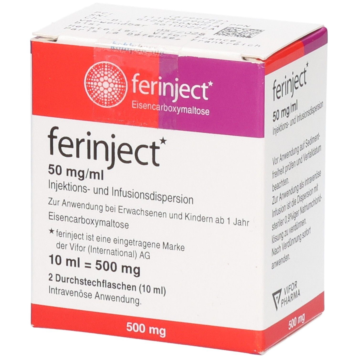 Verpackung von Ferinject 50 mg/ml Injektions- und Infusionsdispersion, 500 mg Eisen.