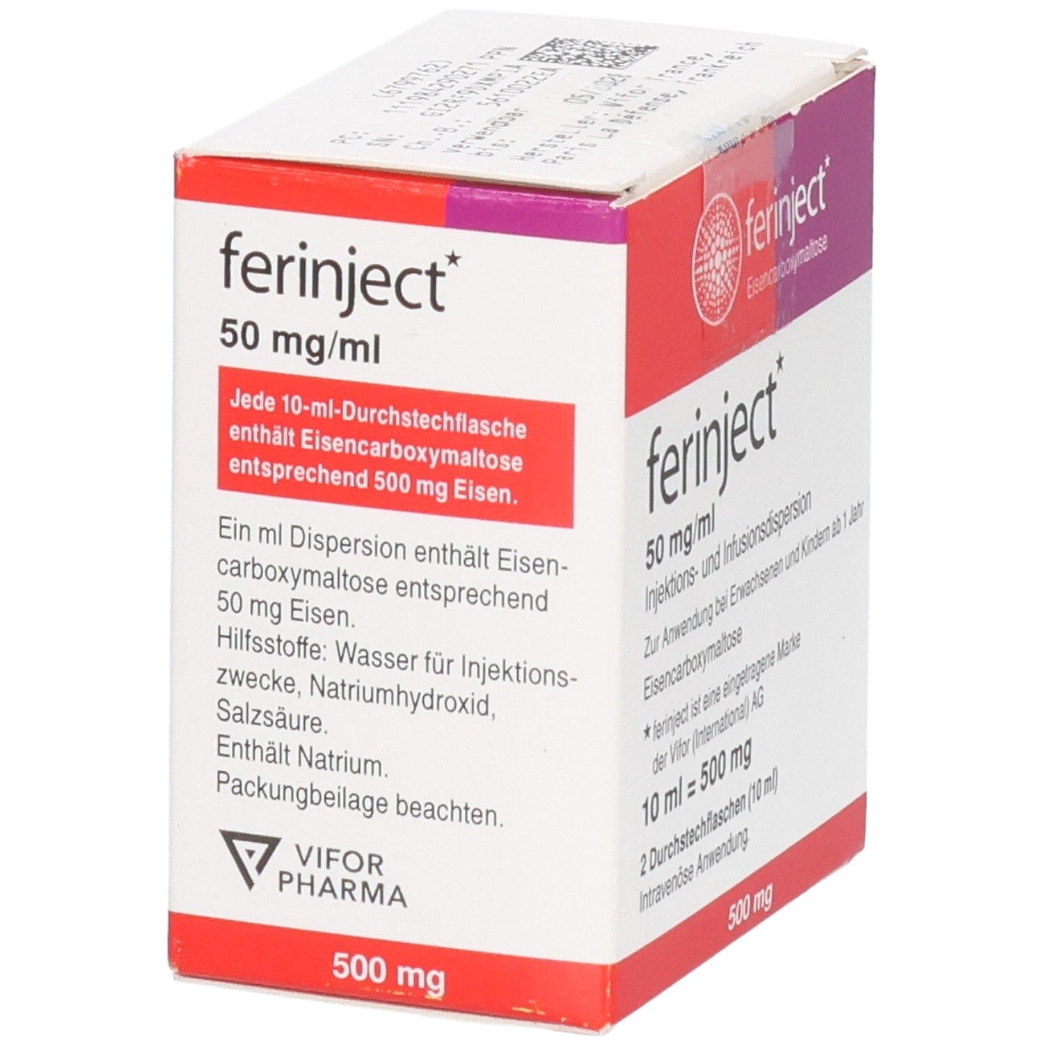 Seitenansicht der Ferinject 50 mg/ml Verpackung mit detaillierten Anwendungsinformationen.