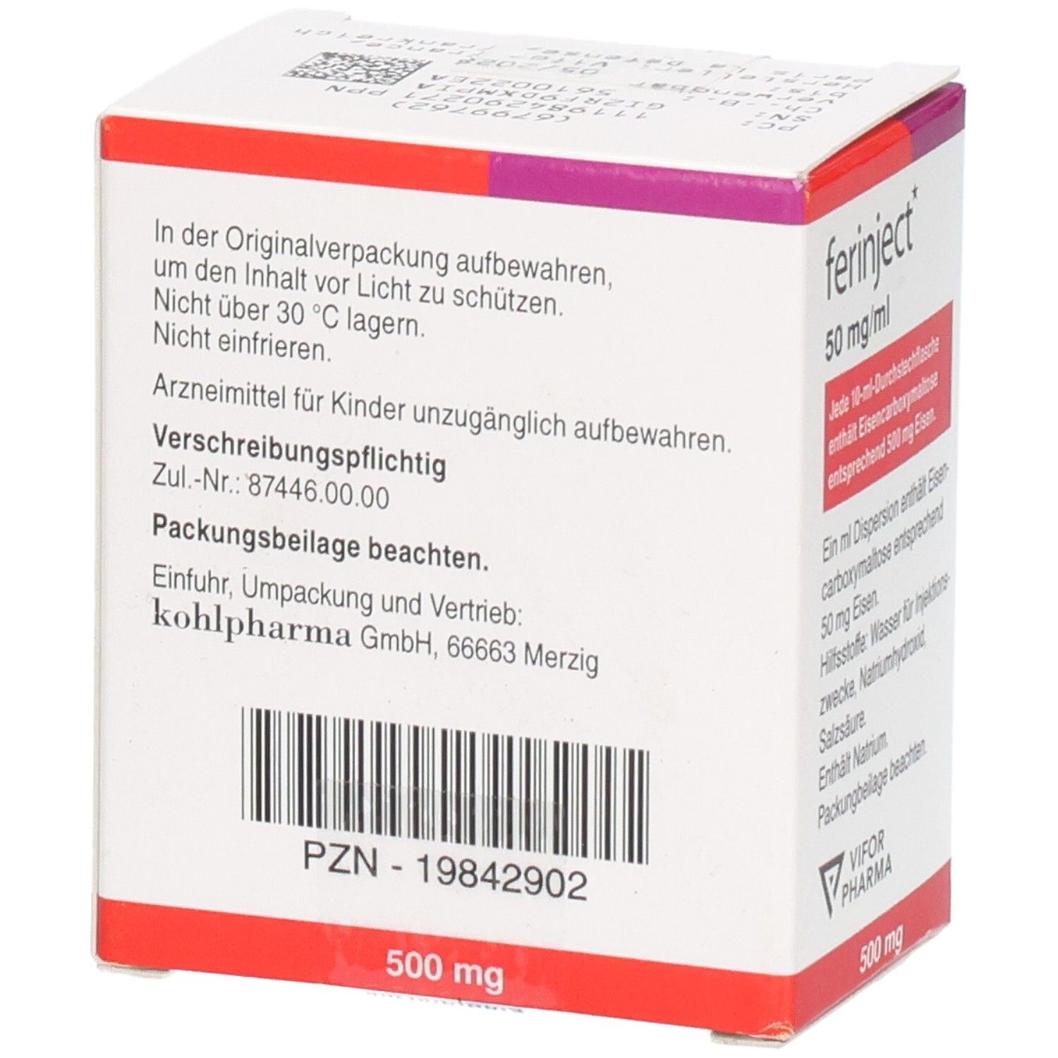 Rückseite der Ferinject 50 mg/ml Verpackung mit PZN und Herstellerinformationen.
