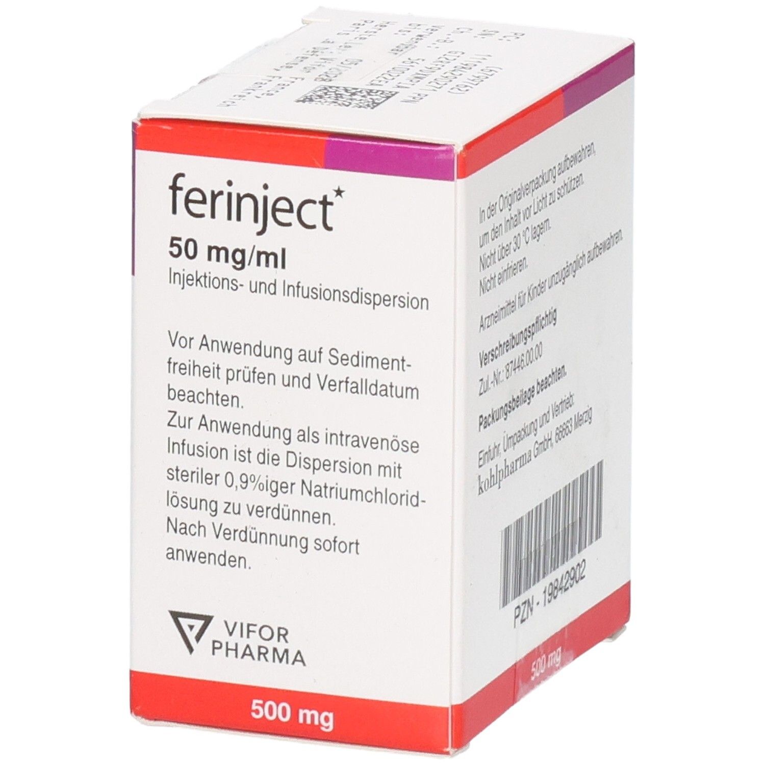 Seitenansicht der Ferinject 50 mg/ml Verpackung mit Anwendungshinweisen.