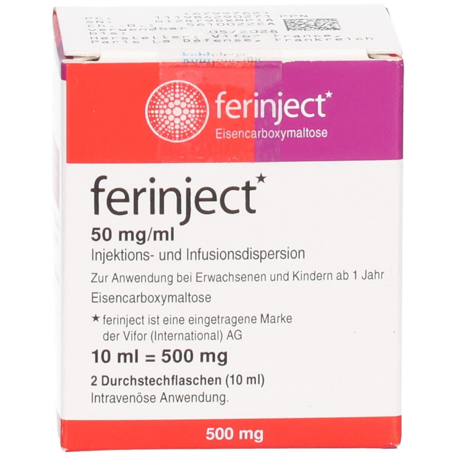 Vorderseite der Ferinject 50 mg/ml Verpackung mit Dosierungsangabe 10 ml = 500 mg.