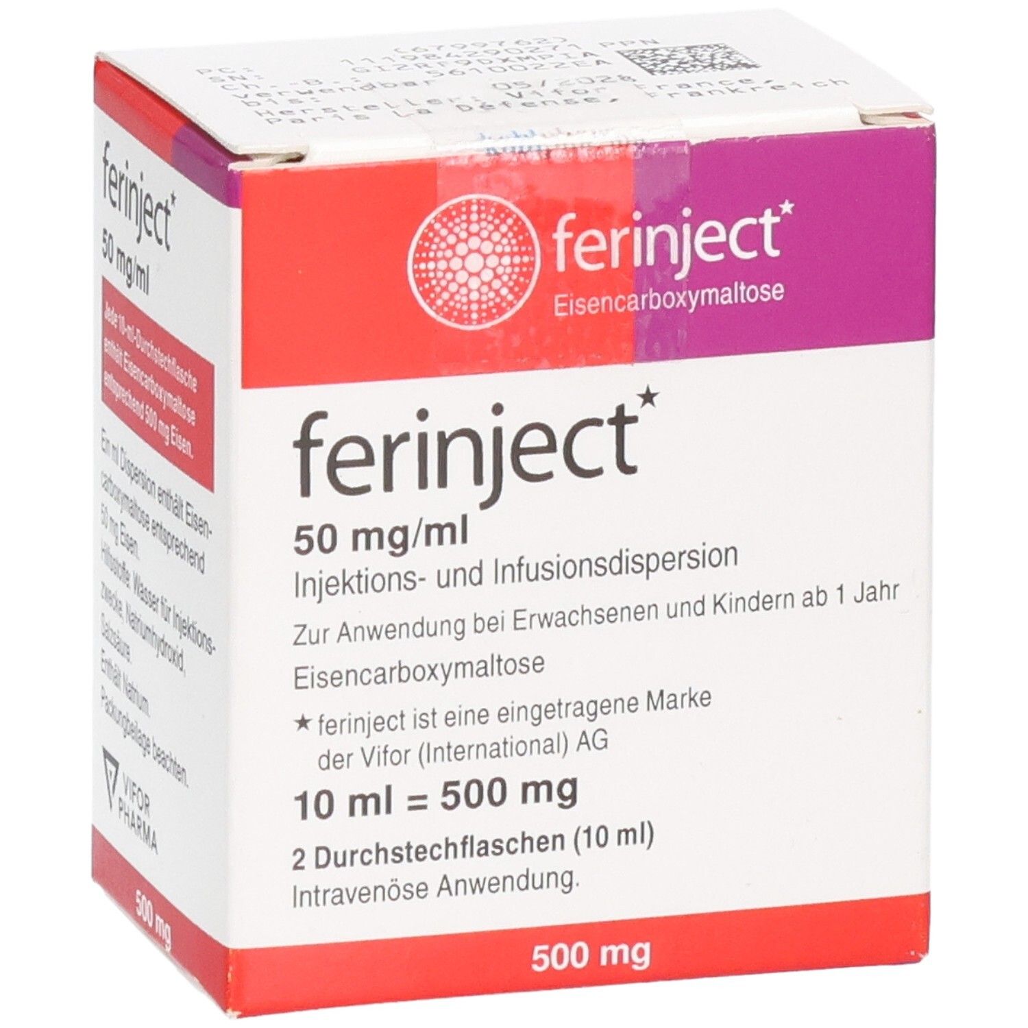 Verpackung Ferinject 50 mg/ml, zeigt zwei Durchstechflaschen à 10 ml.