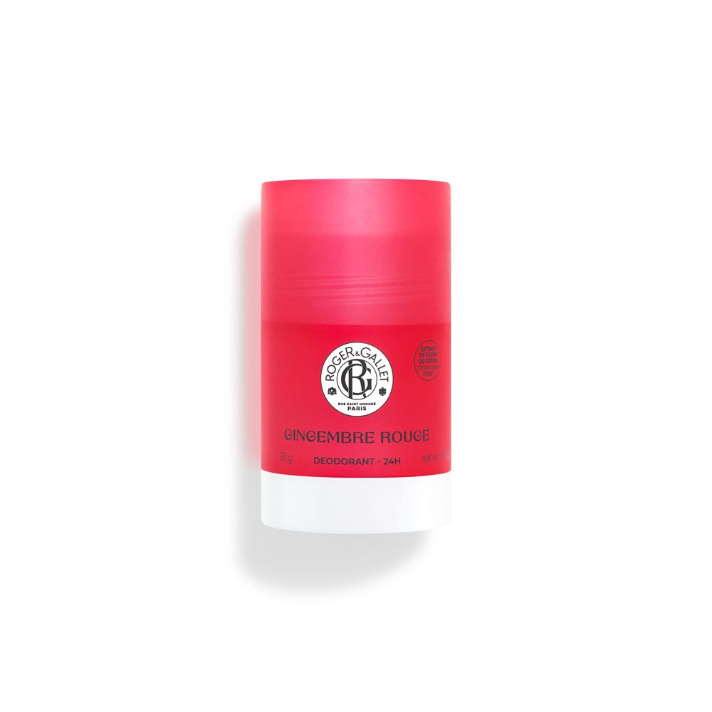 Roter Deostick mit weißem Boden. Aufschrift: Roger & Gallet, Gingembre Rouge, Deodorant 24H.