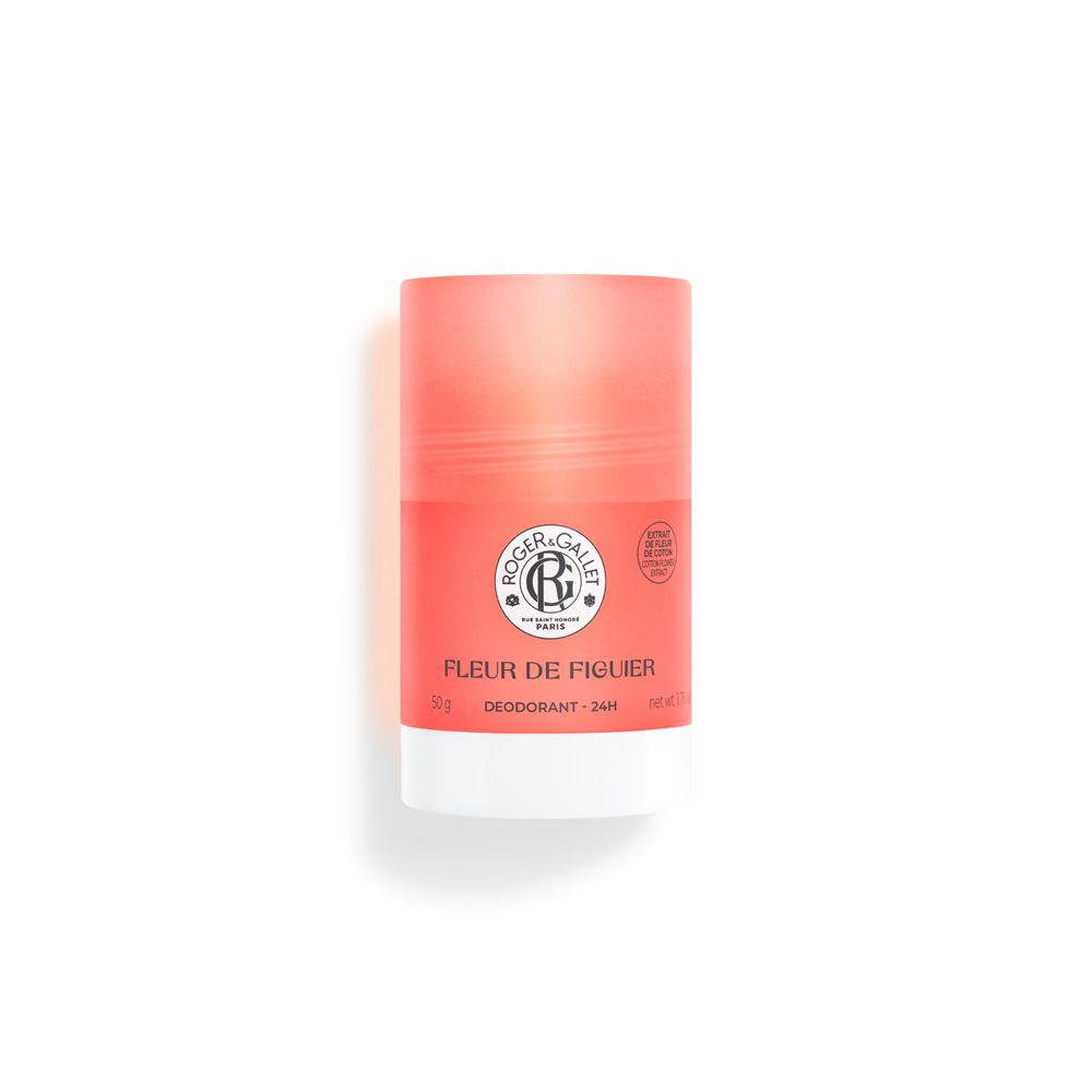 Deo-Stick Fleur de Figuier. Zylindrische Form, rosa-weiß. Logo und Schriftzug Fleur de Figuier. 24h Deodorant.