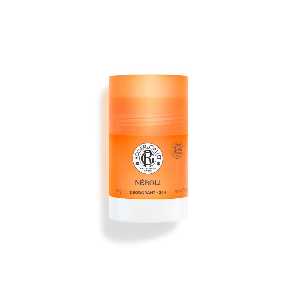 Deo-Stick mit orangefarbener Hülle und weißem Boden. Aufschrift: Néroli, Deodorant - 24h. Logo.