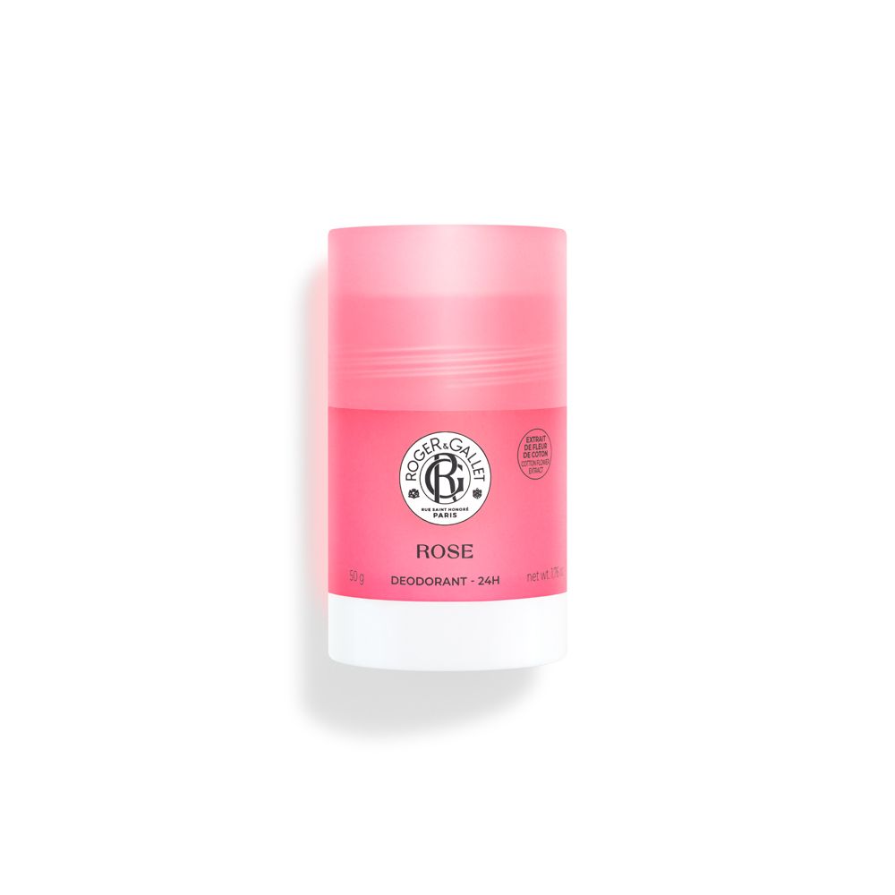 Rosa Deo-Stick. Zylindrische Form, rosa und weiß. Marke Roger & Gallet, Schriftzug Rose, Deodorant 24H.