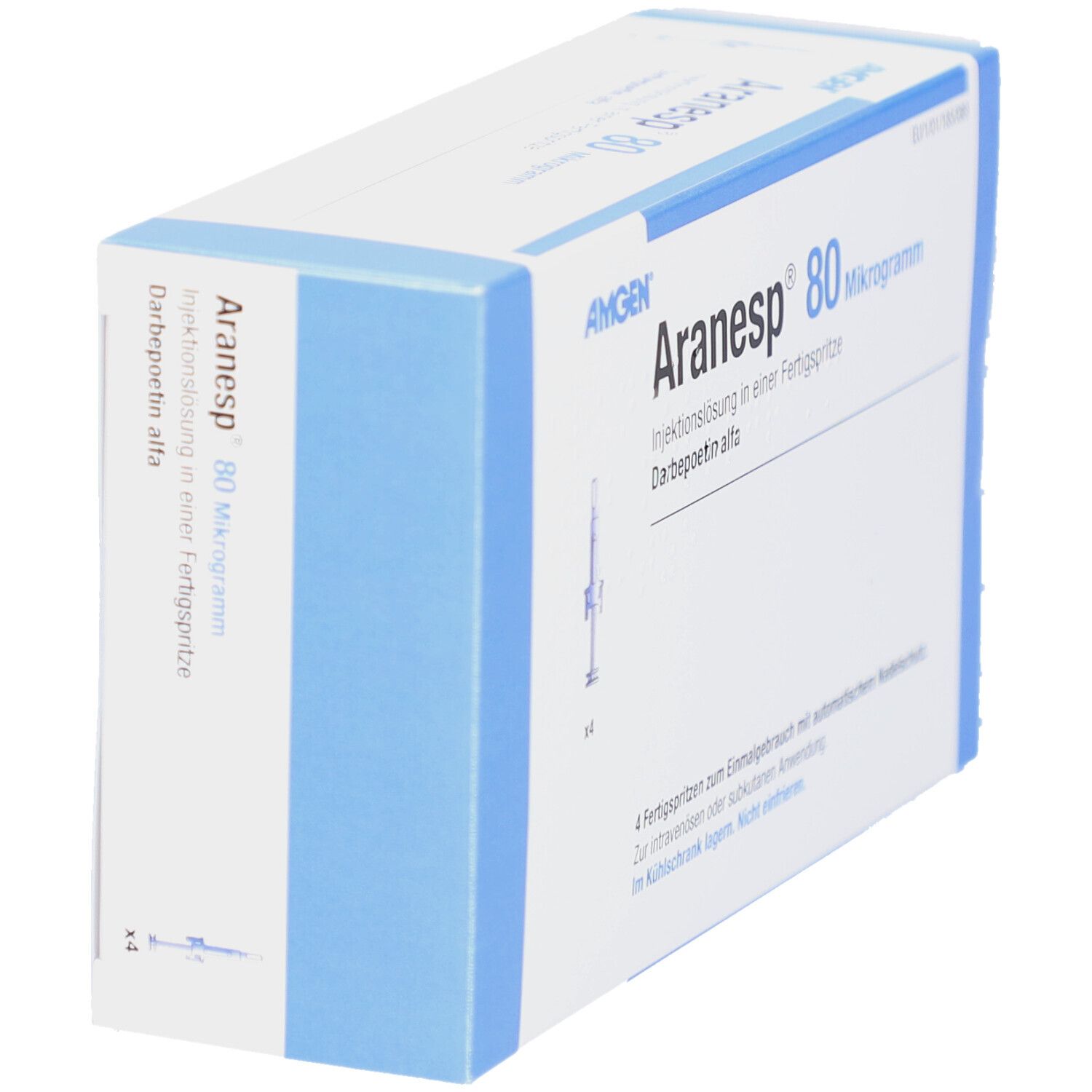 Schachtel mit blauen Akzenten. Aufschrift: Aranesp 80 Mikrogramm. Enthält 4 Fertigspritzen.