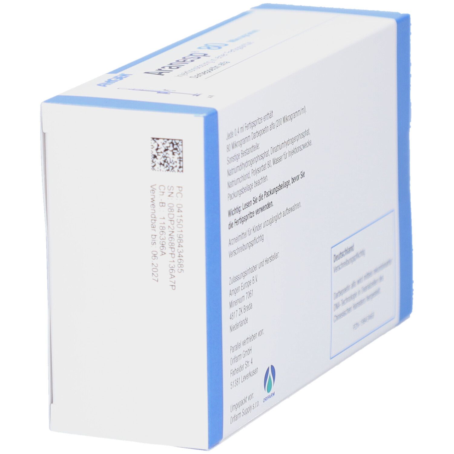 Seitenansicht der Schachtel. Informationen und QR-Code.