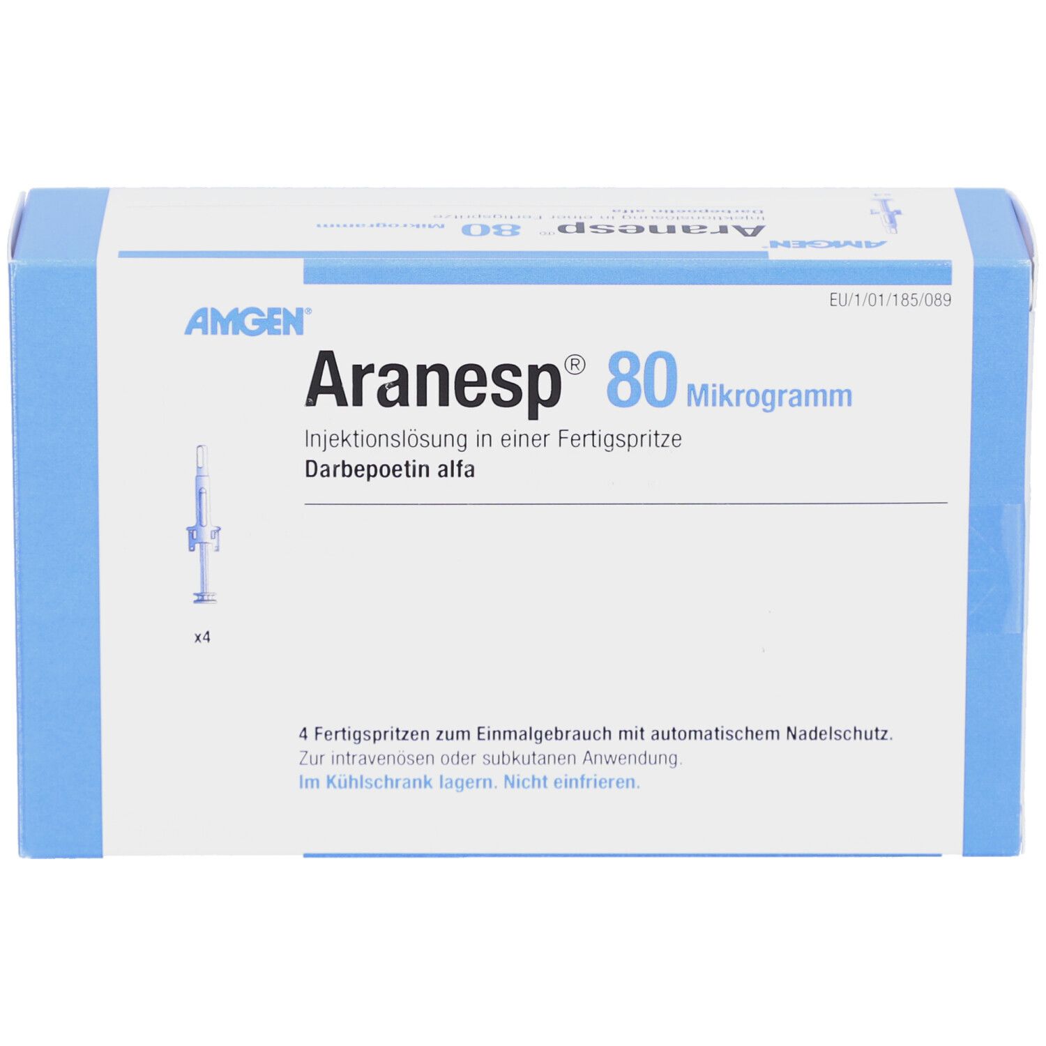 Weiße Schachtel mit blauen Akzenten. Aufschrift: Aranesp 80 Mikrogramm. Enthält 4 Fertigspritzen.