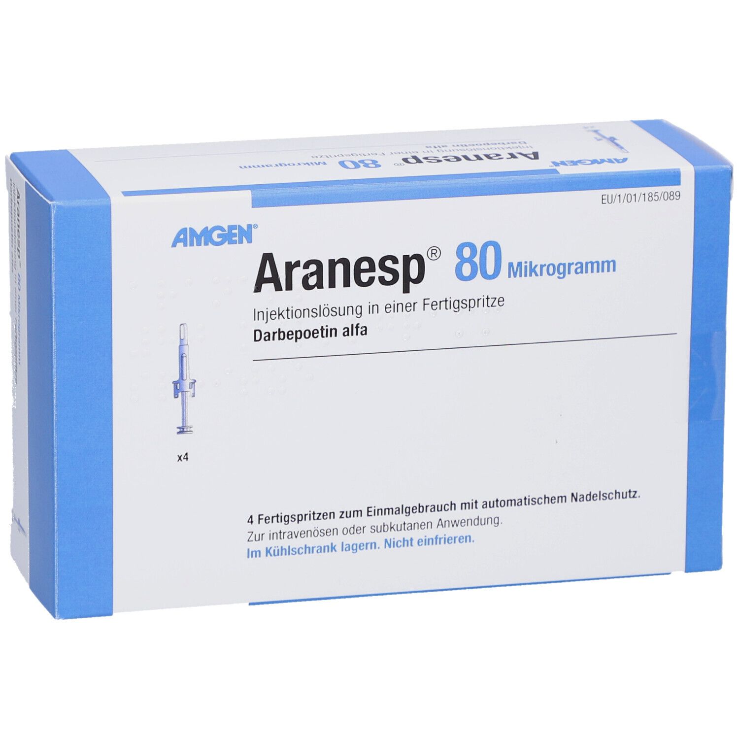 Weiße Schachtel mit blauen Akzenten. Aufschrift: Aranesp 80 Mikrogramm. Enthält 4 Fertigspritzen.