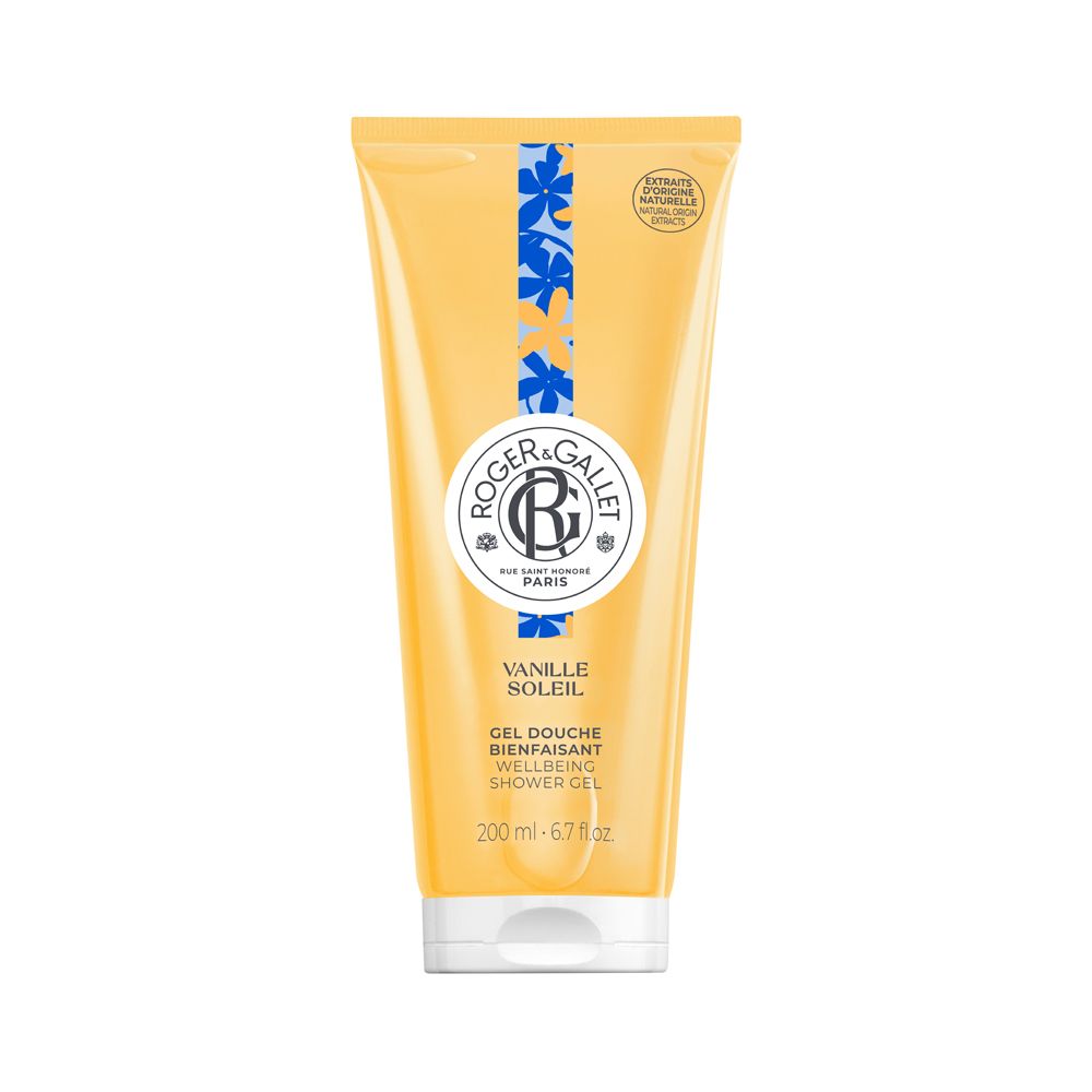 Gel-Dusche in gelber Tube. Logo und Schriftzug. Blaue Blumenmuster. "Vanille Soleil" und "Gel Douche" aufgedruckt.