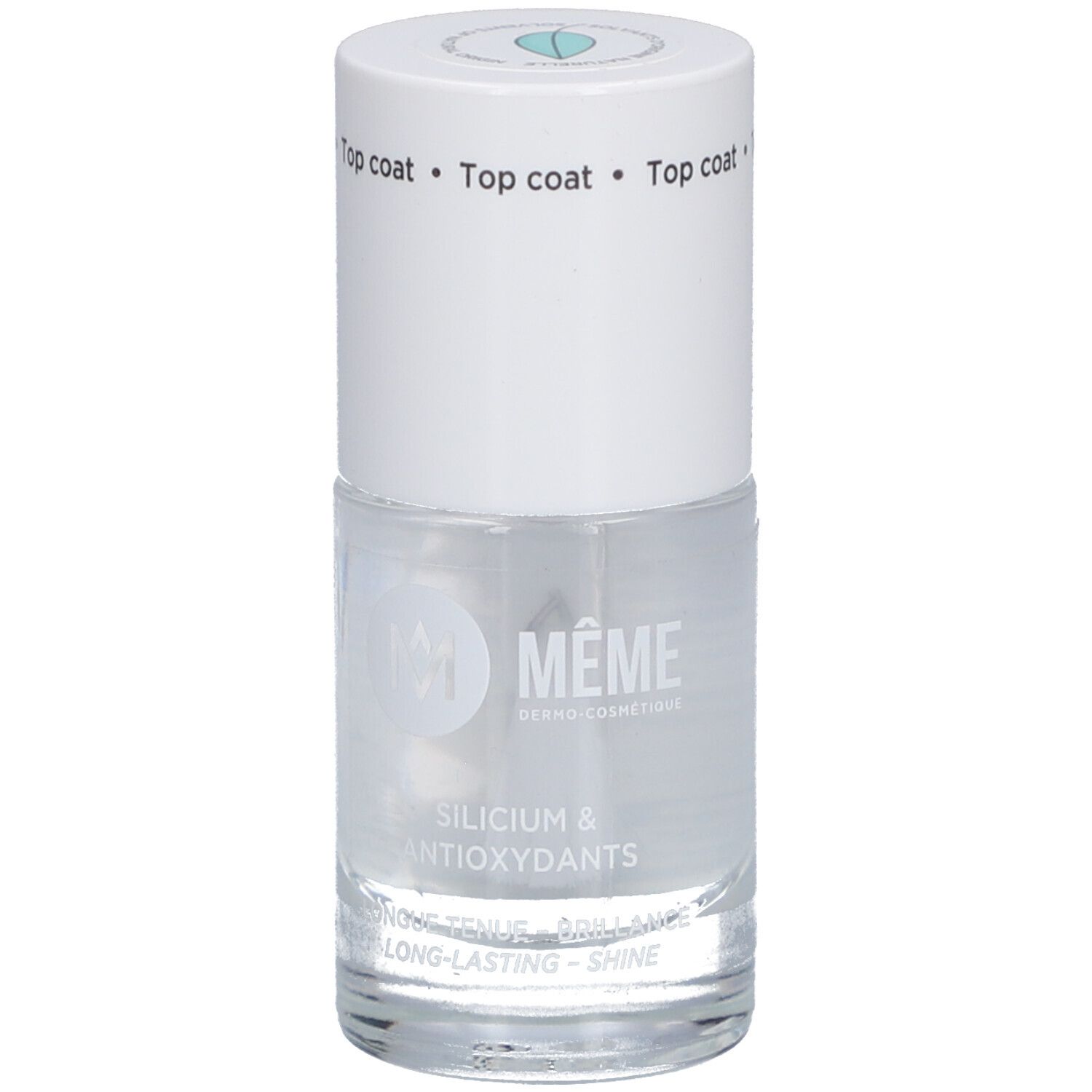 Klare Flasche mit weißem Deckel. Aufschrift: MEME, Silicium & Antioxidantien. Überlack mit Gel-Effekt.