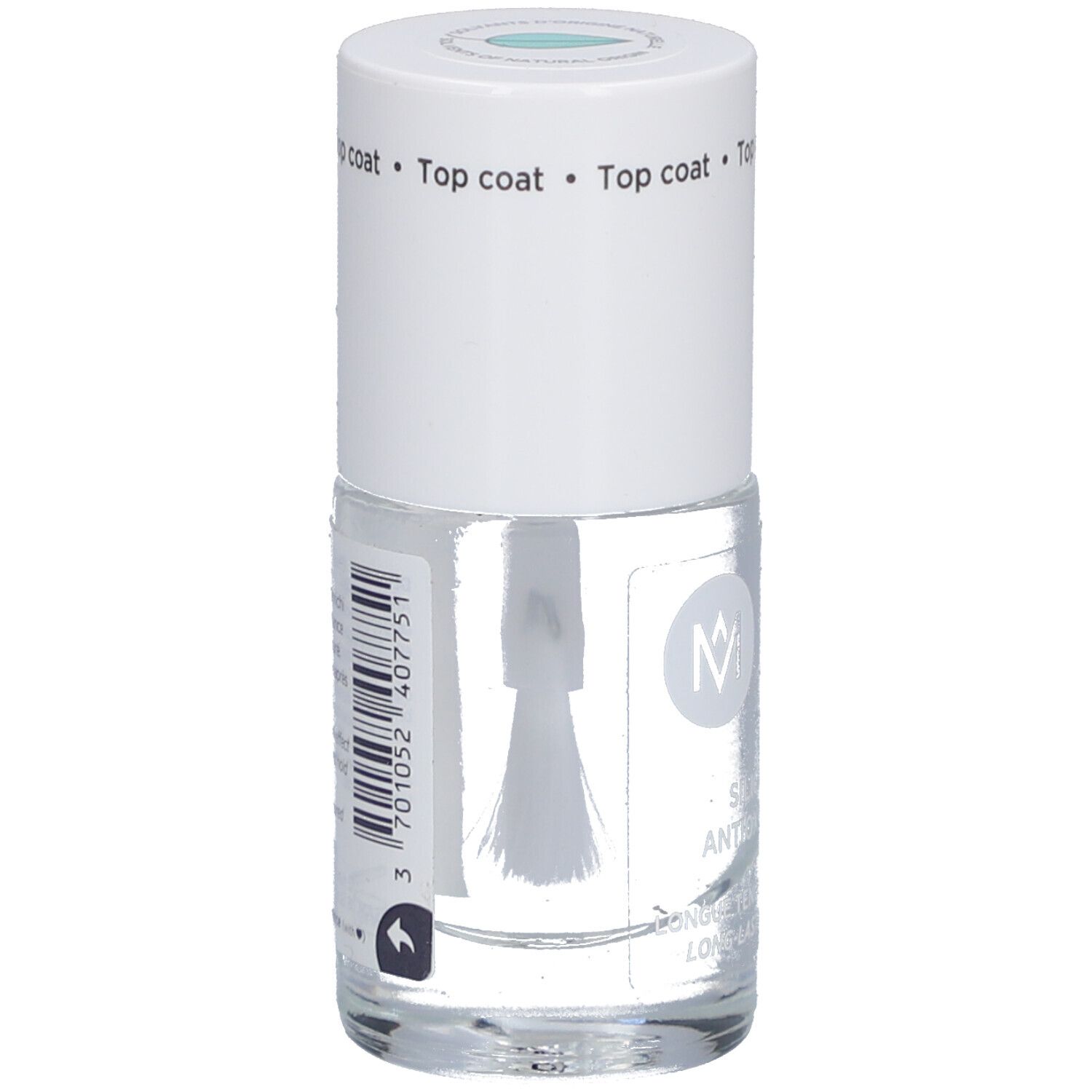 Klare Nagellackflasche mit Pinsel. Weißer Deckel mit Aufschrift Top Coat. Produktname nicht sichtbar.
