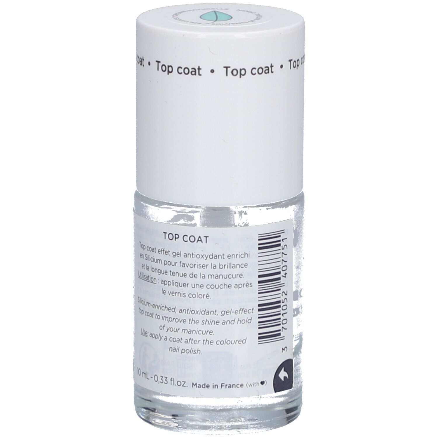 Rückseite einer Nagellackflasche. Text: Top Coat, Silicium-angereichert, für Glanz und Haltbarkeit. Hergestellt in Frankreich.