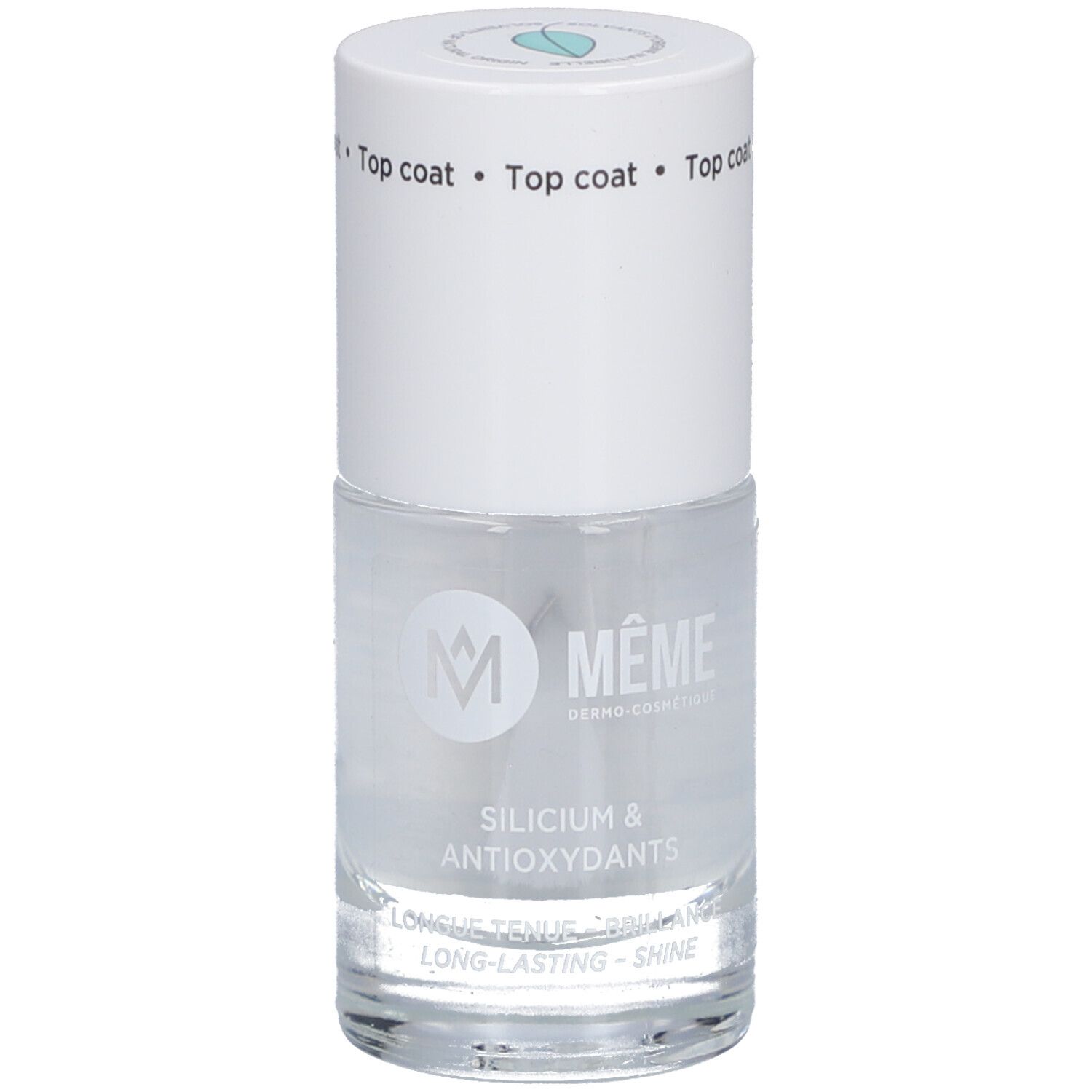 Klare Nagellackflasche mit weißem Deckel. Aufschrift: MEME, Silicium & Antioxidantien. Überlack.