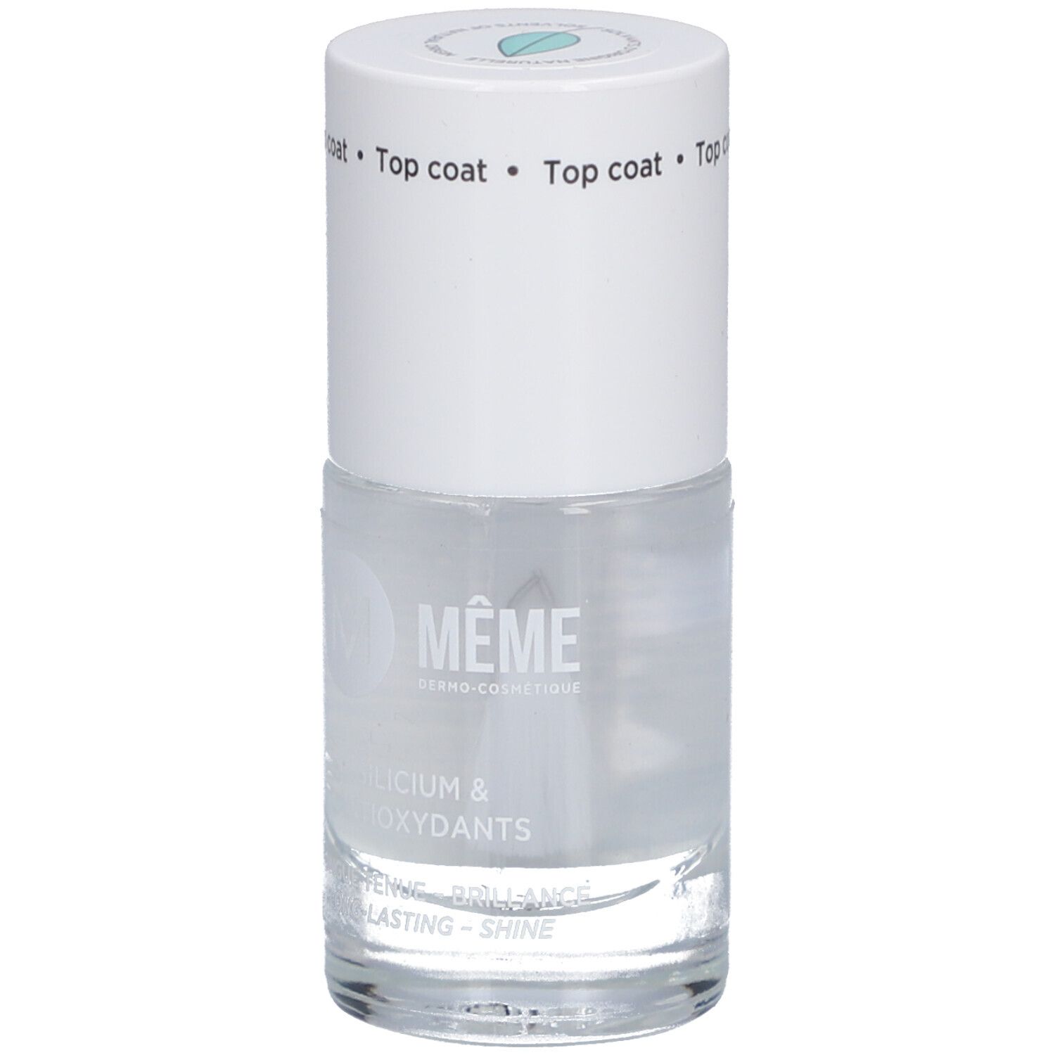 Klare Nagellackflasche mit weißem Deckel. Aufschrift: MEME, Silicium & Antioxidantien. Überlack.