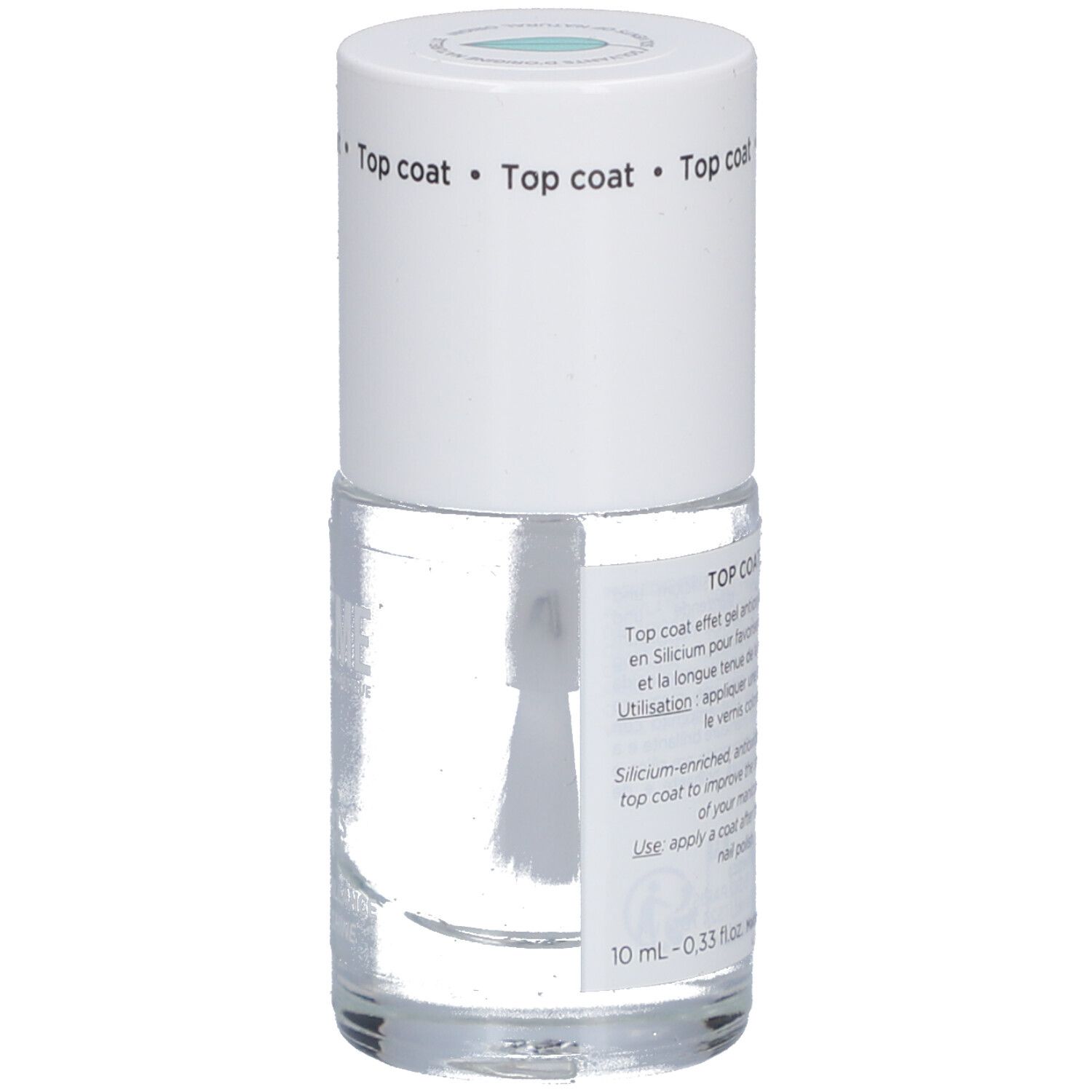 Nagellackflasche mit Pinsel. Weißer Deckel mit Aufschrift Top Coat. Produktname nicht sichtbar.