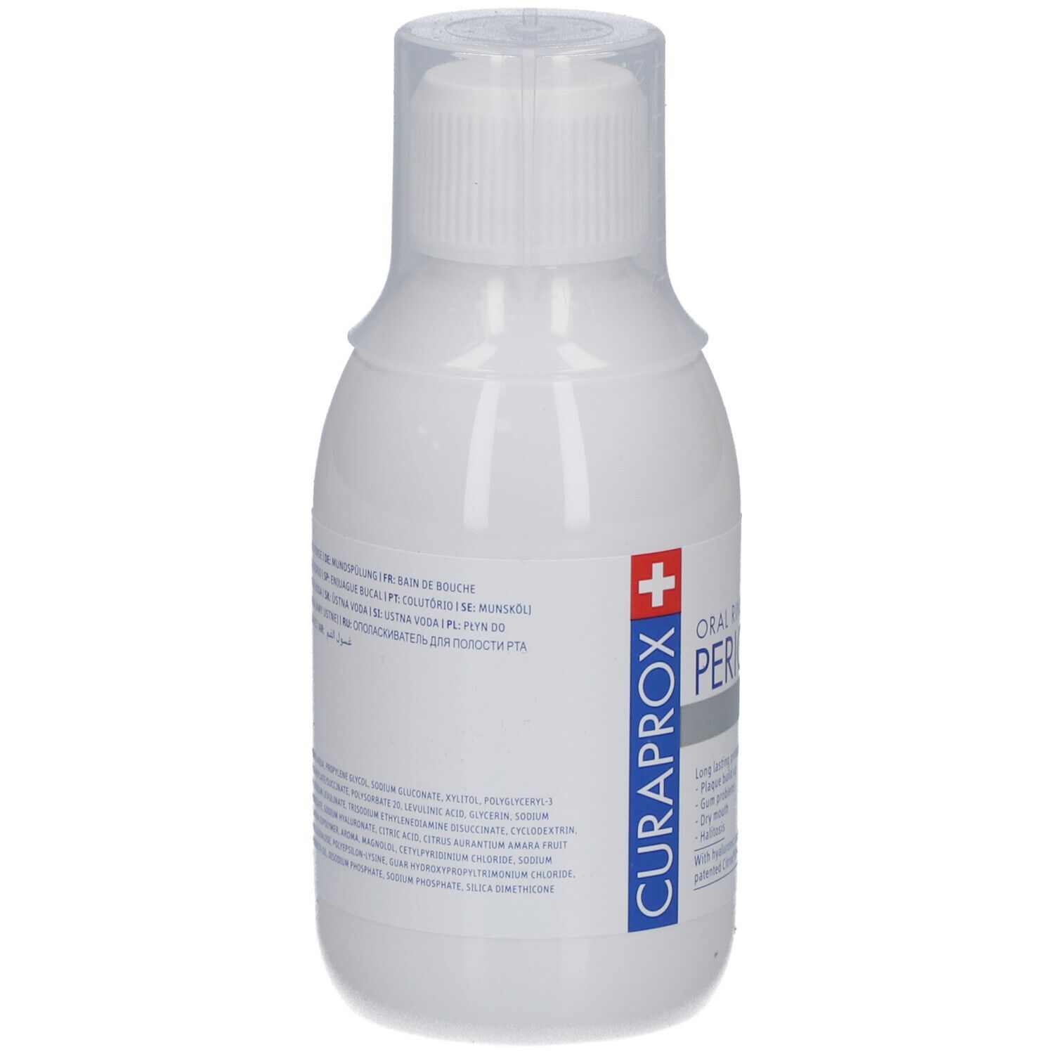 Rückseite der weißen Flasche mit Mundspülung. Text in mehreren Sprachen, Marke: CURAPROX.