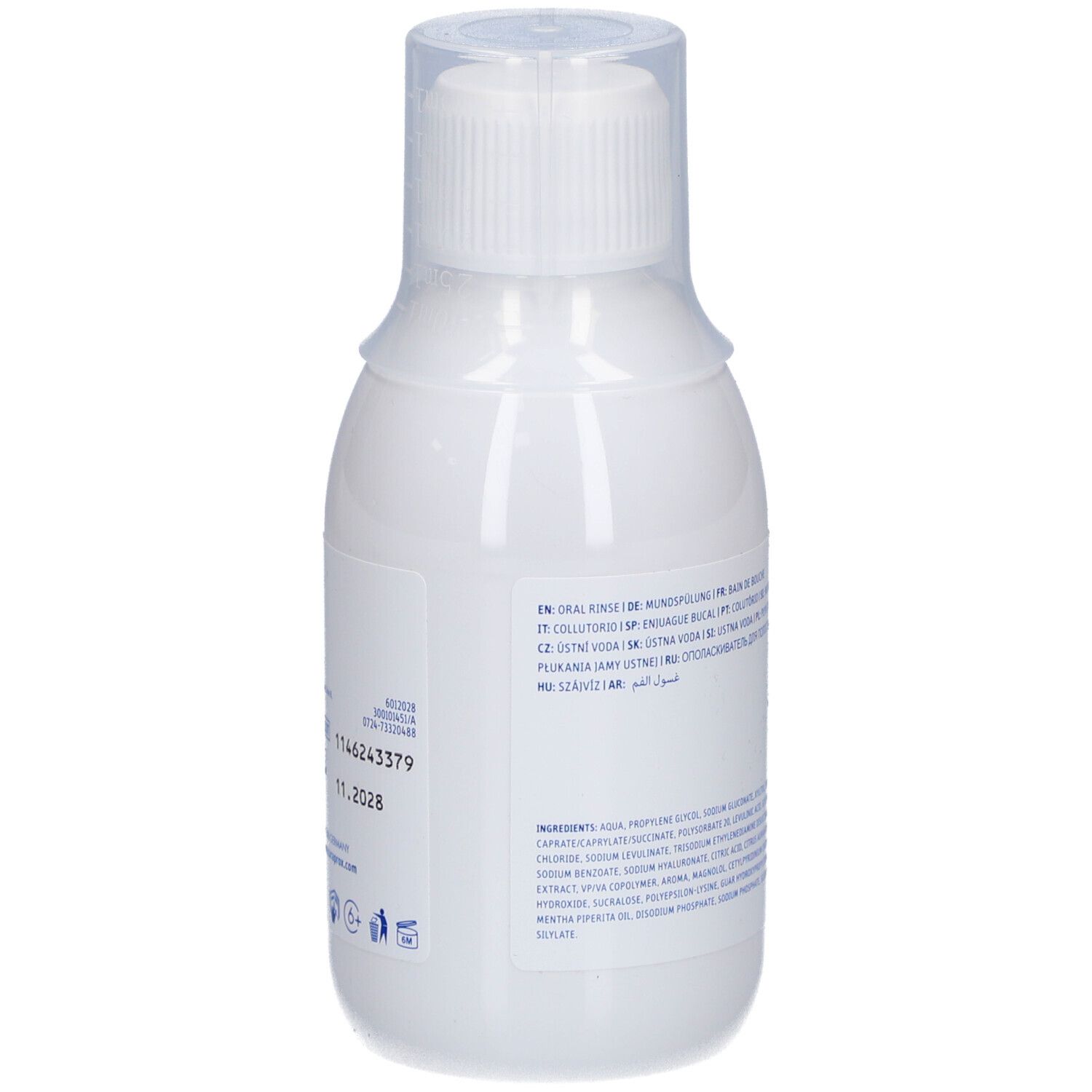 Rückseite der weißen Flasche mit Mundspülung. Zutatenliste, Chargennummer, Verfallsdatum.