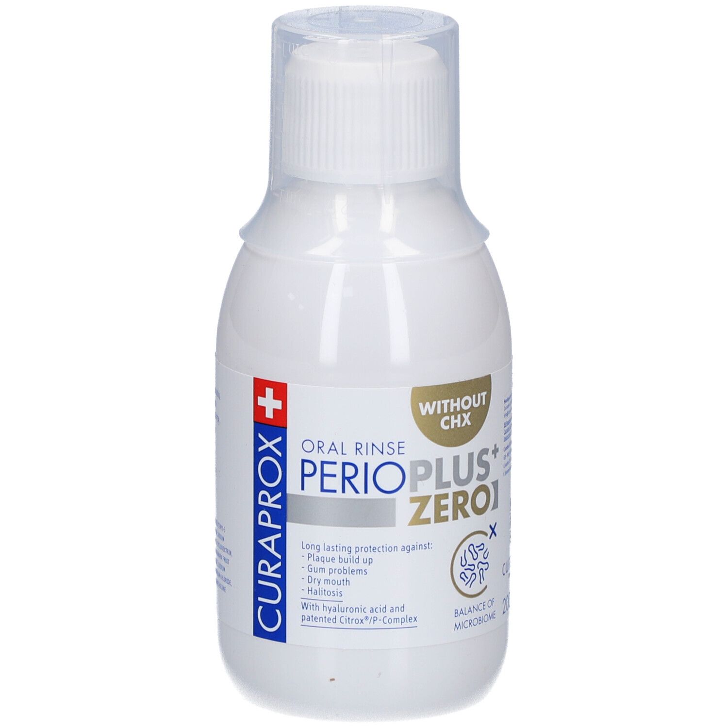 Weiße Flasche mit Mundspülung. Aufschrift: PERIO PLUS+ ZERO1, ohne CHX. Marke: CURAPROX.