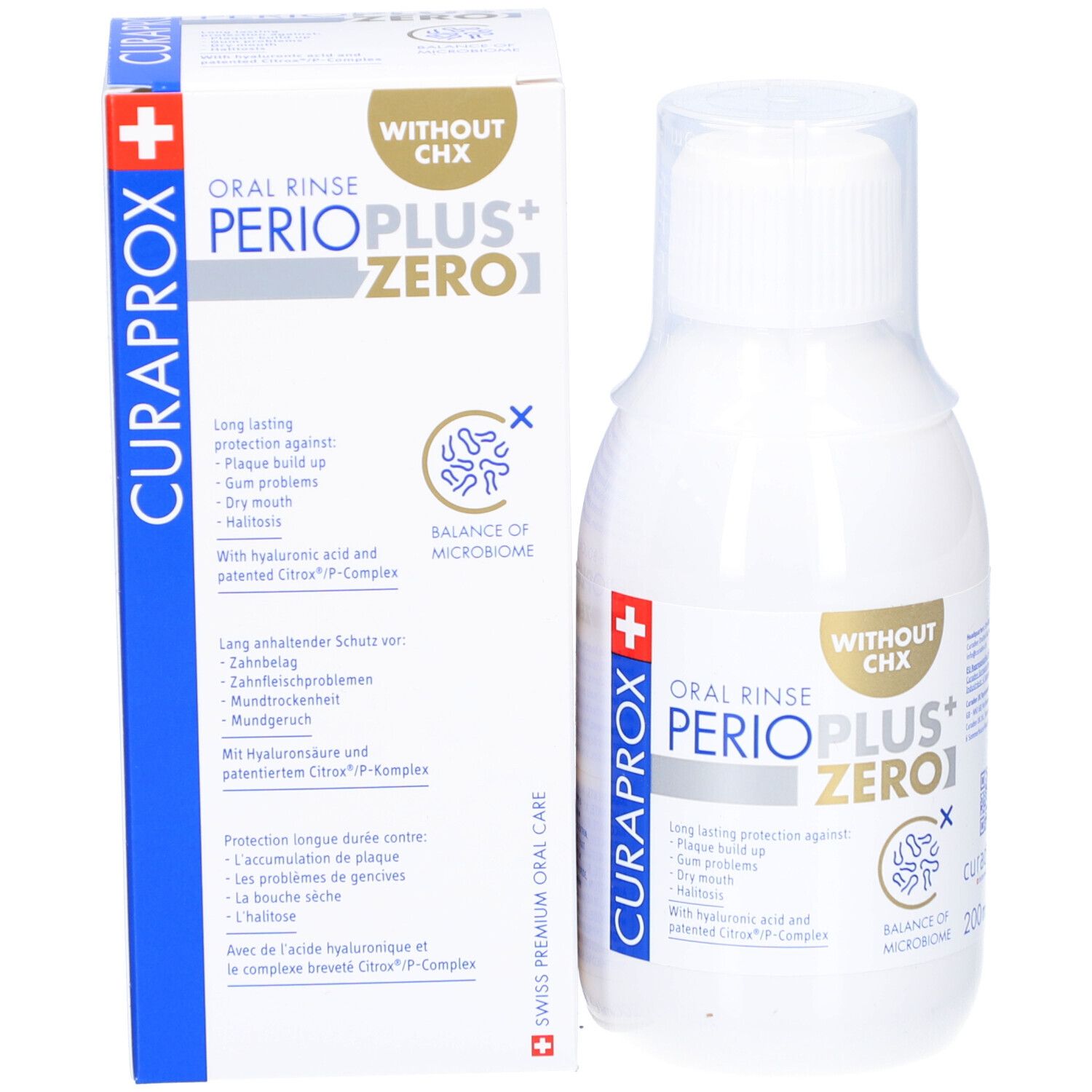 Produktverpackung und Flasche Mundspülung. Aufschrift: PERIO PLUS+ ZERO1, ohne CHX. Marke: CURAPROX.