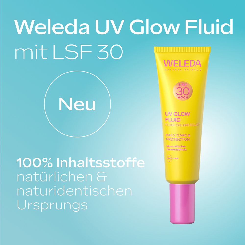 Gelbe Tube mit pinkfarbenem Deckel. Aufschrift: Weleda UV Glow Fluid mit LSF 30. Neu.