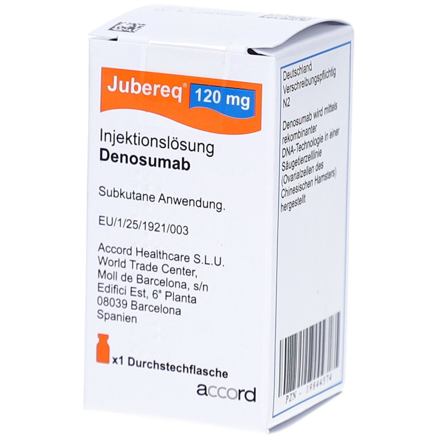 Karton von Jubereq 120 mg Injektionslösung. Enthält Denosumab. Subkutane Anwendung. x1 Durchstechflasche. Accord Logo.