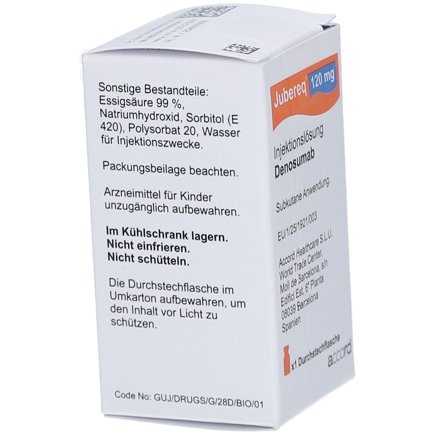 Karton von Jubereq 120 mg Injektionslösung. Enthält Denosumab. Subkutane Anwendung. x1 Durchstechflasche. Accord Logo. Rückseite mit Inhaltsstoffen.