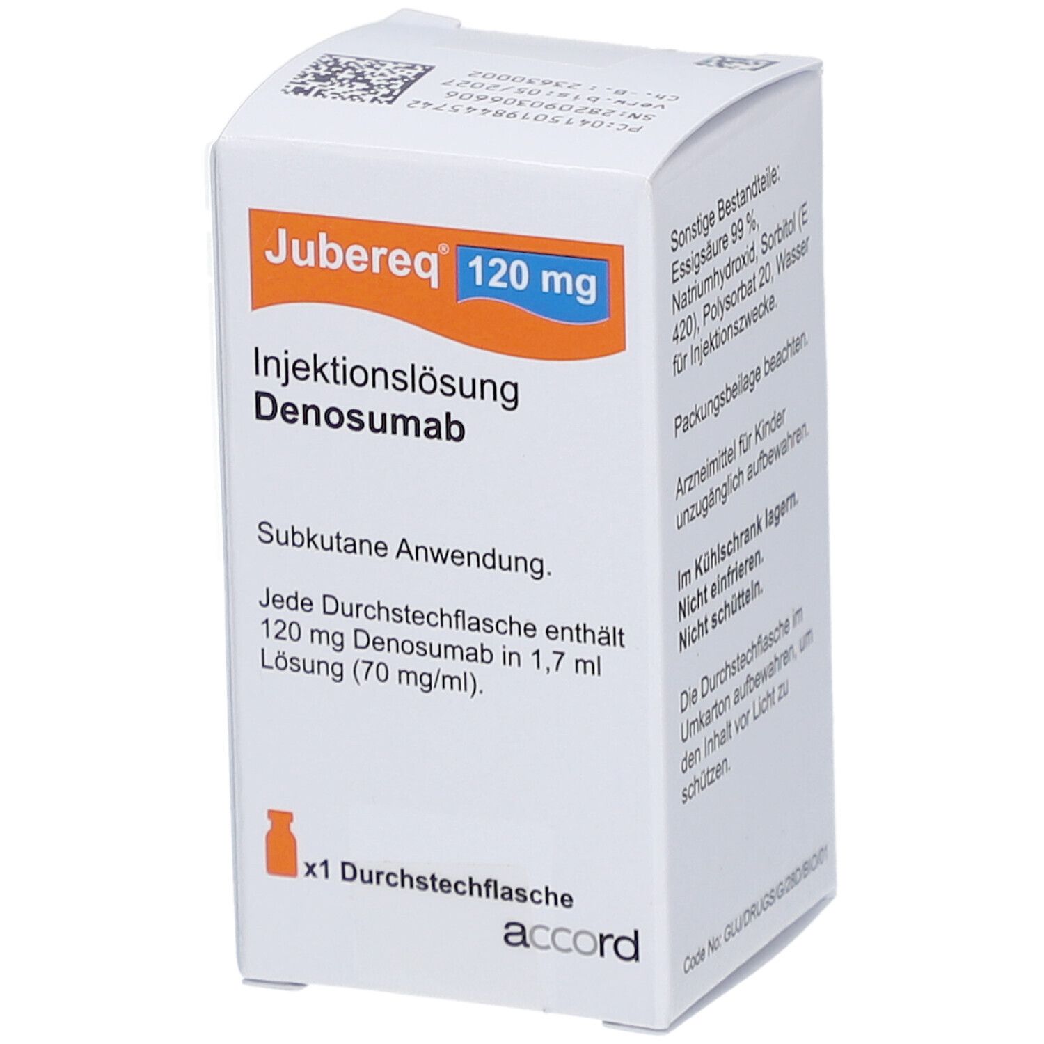 Karton von Jubereq 120 mg Injektionslösung. Enthält Denosumab. Subkutane Anwendung. x1 Durchstechflasche. Accord Logo. Detailinformationen.