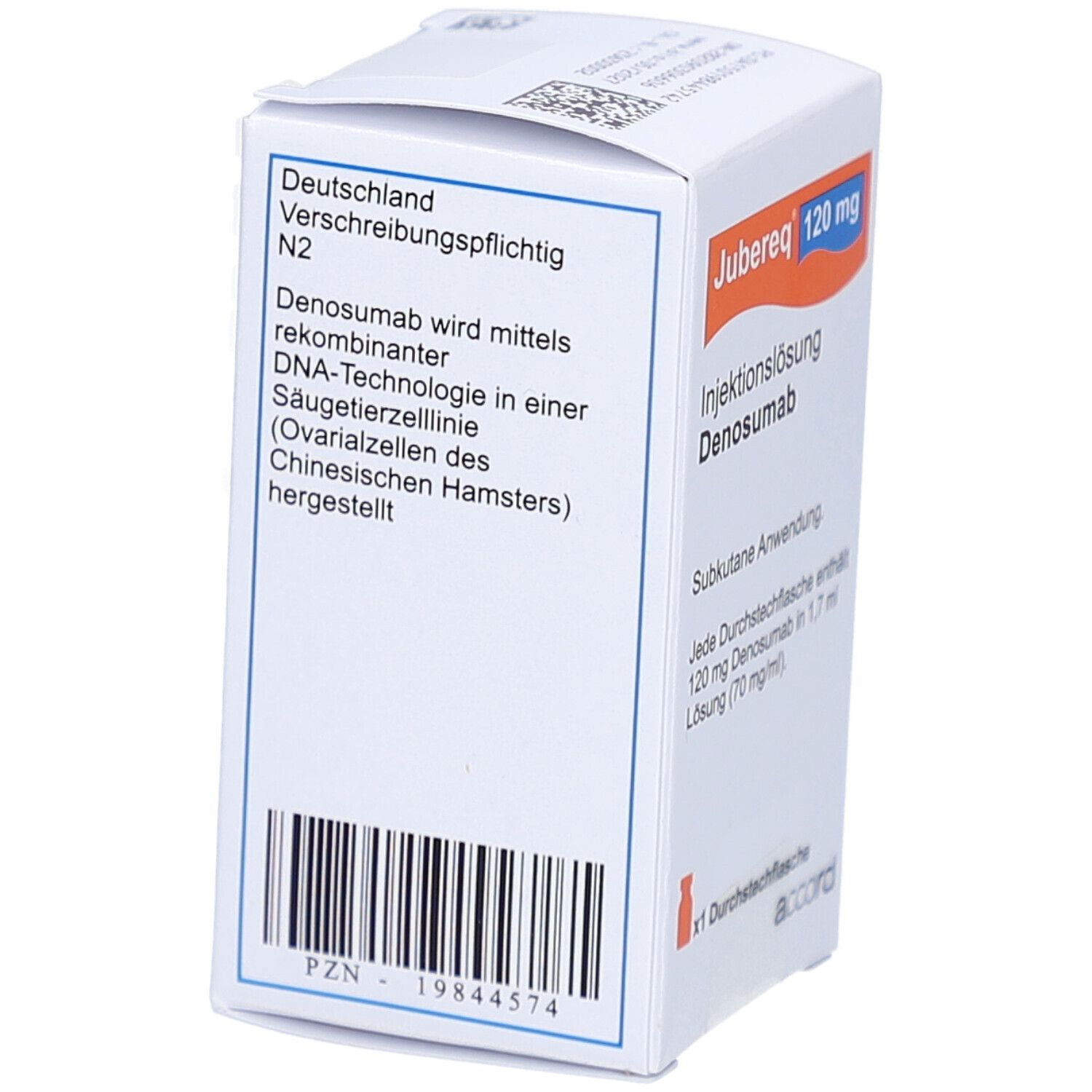 Karton von Jubereq 120 mg Injektionslösung. Enthält Denosumab. Subkutane Anwendung. x1 Durchstechflasche. Accord Logo. Detailinformationen.