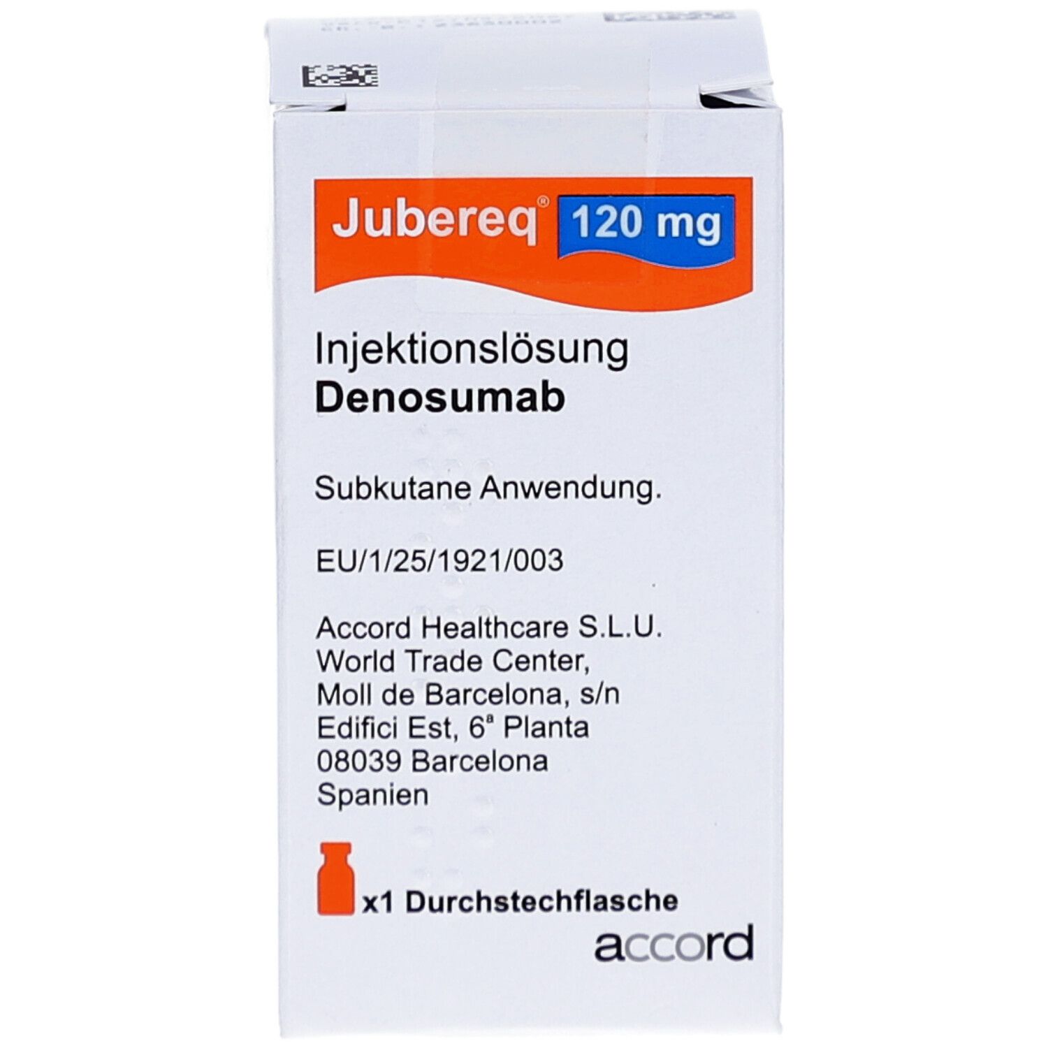 Karton von Jubereq 120 mg Injektionslösung. Enthält Denosumab. Subkutane Anwendung. x1 Durchstechflasche. Accord Logo.