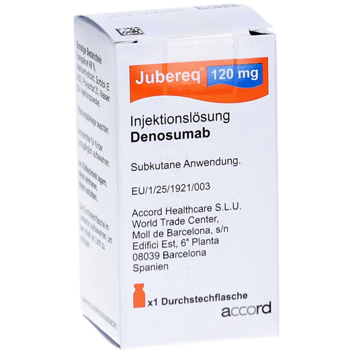 Karton von Jubereq 120 mg Injektionslösung. Enthält Denosumab. Subkutane Anwendung. x1 Durchstechflasche. Accord Logo.