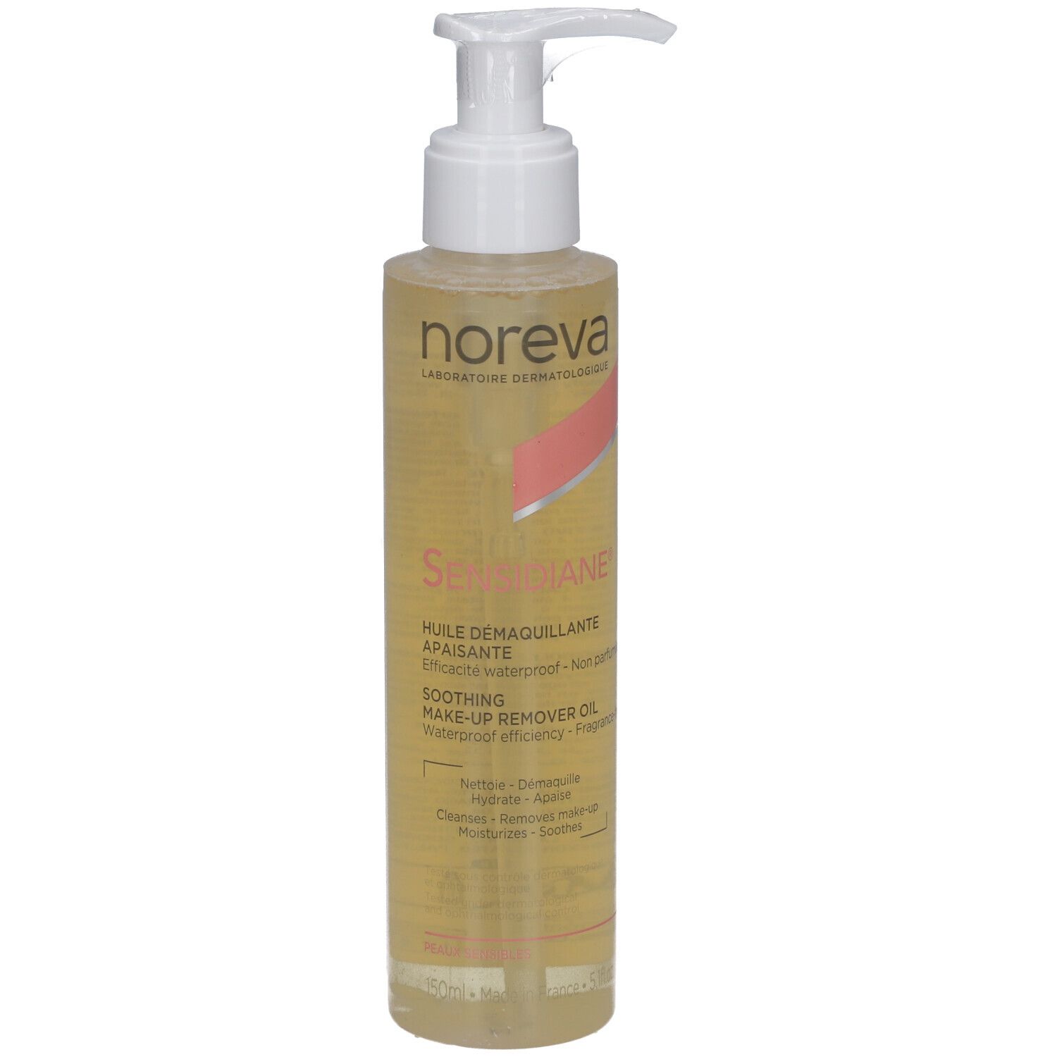 Flasche mit Reinigungsöl. Weißer Pumpkopf. Aufschrift: NOREVA, Sensidiane, Huile Démaquillante Apaisante.