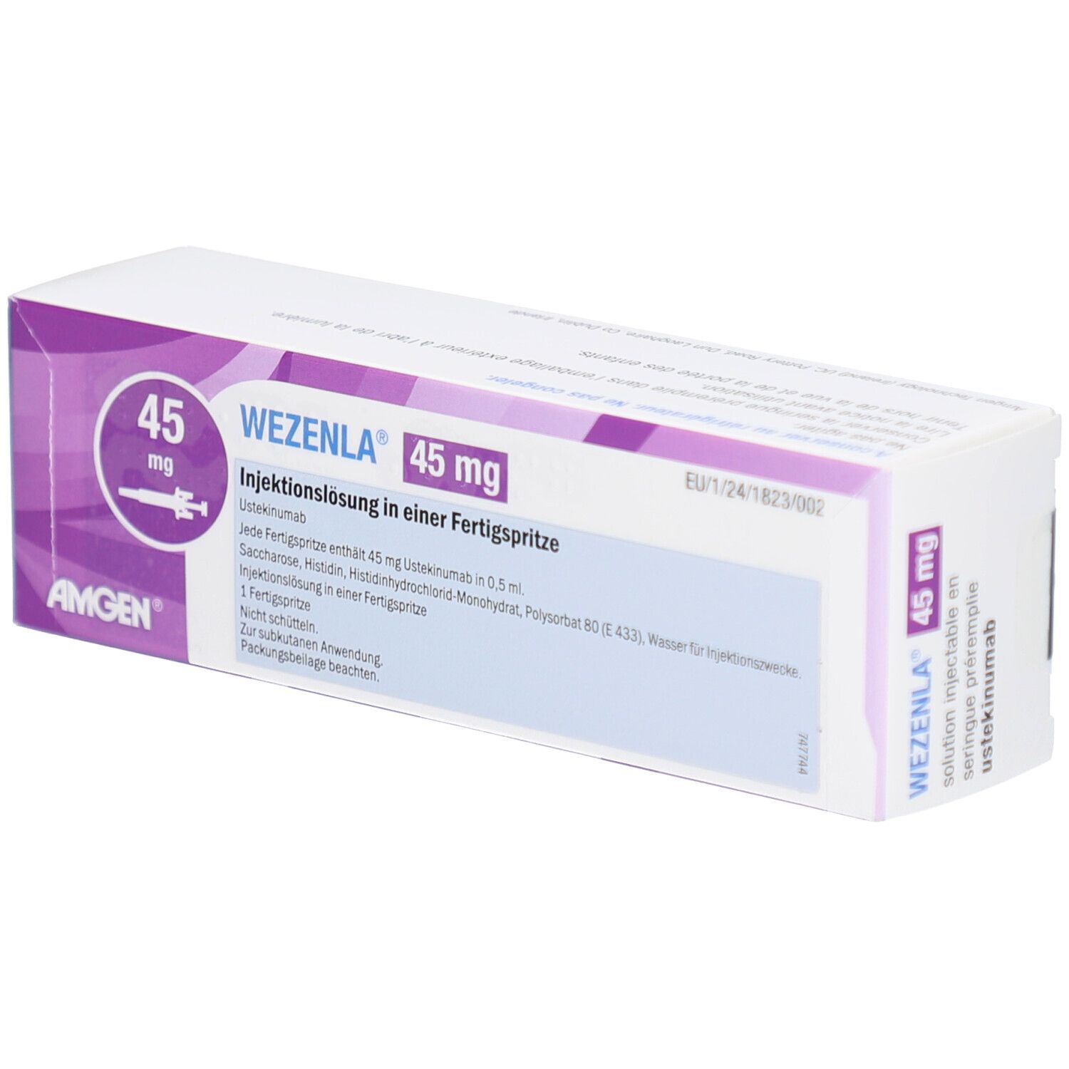 WEZENLA 45 mg Injektionslösung in Fertigspritze. Weiße Schachtel mit lila Akzenten. Produktname und Dosierung deutlich sichtbar.