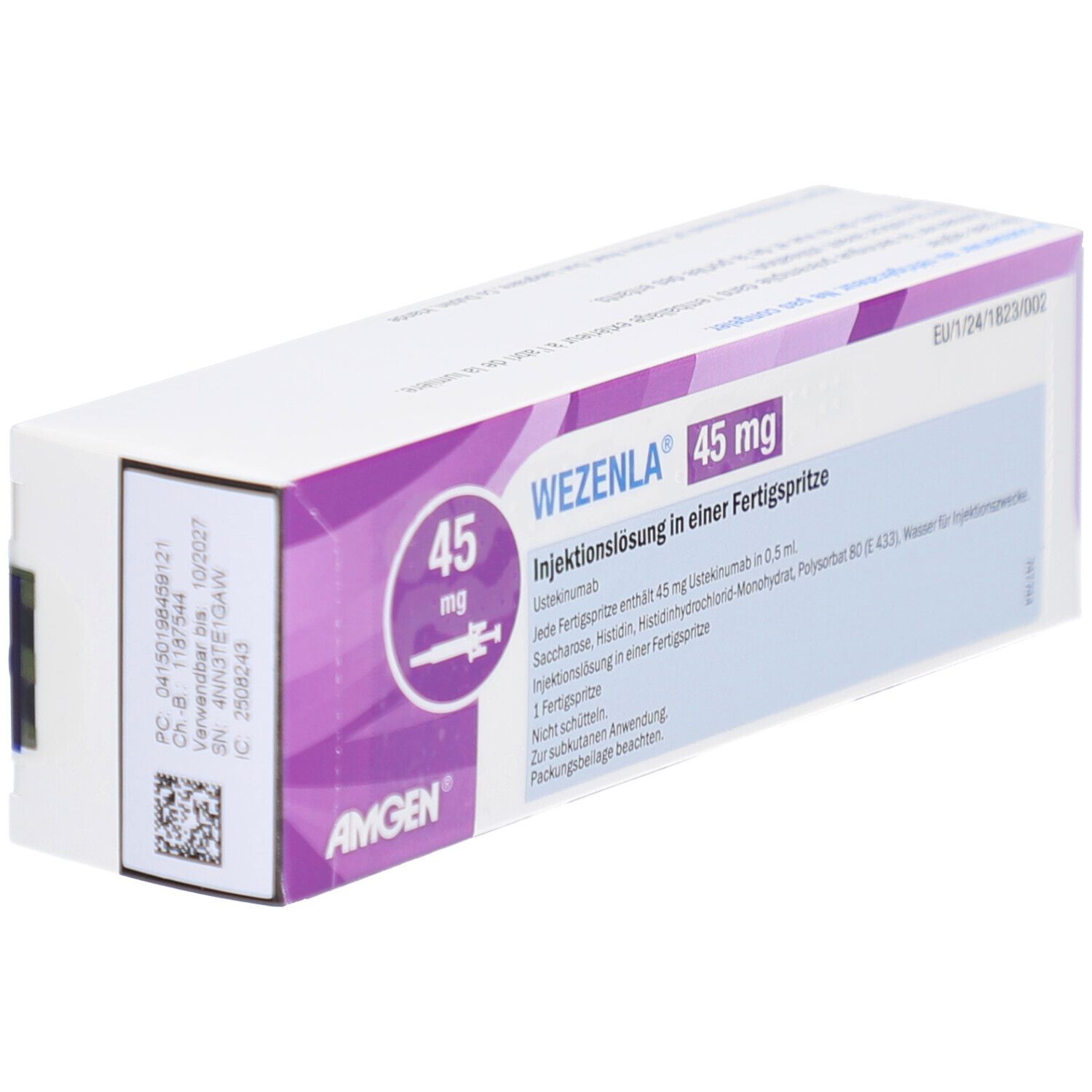 WEZENLA 45 mg Injektionslösung in Fertigspritze. Weiße Schachtel mit lila Akzenten. Produktname und Dosierung sichtbar.