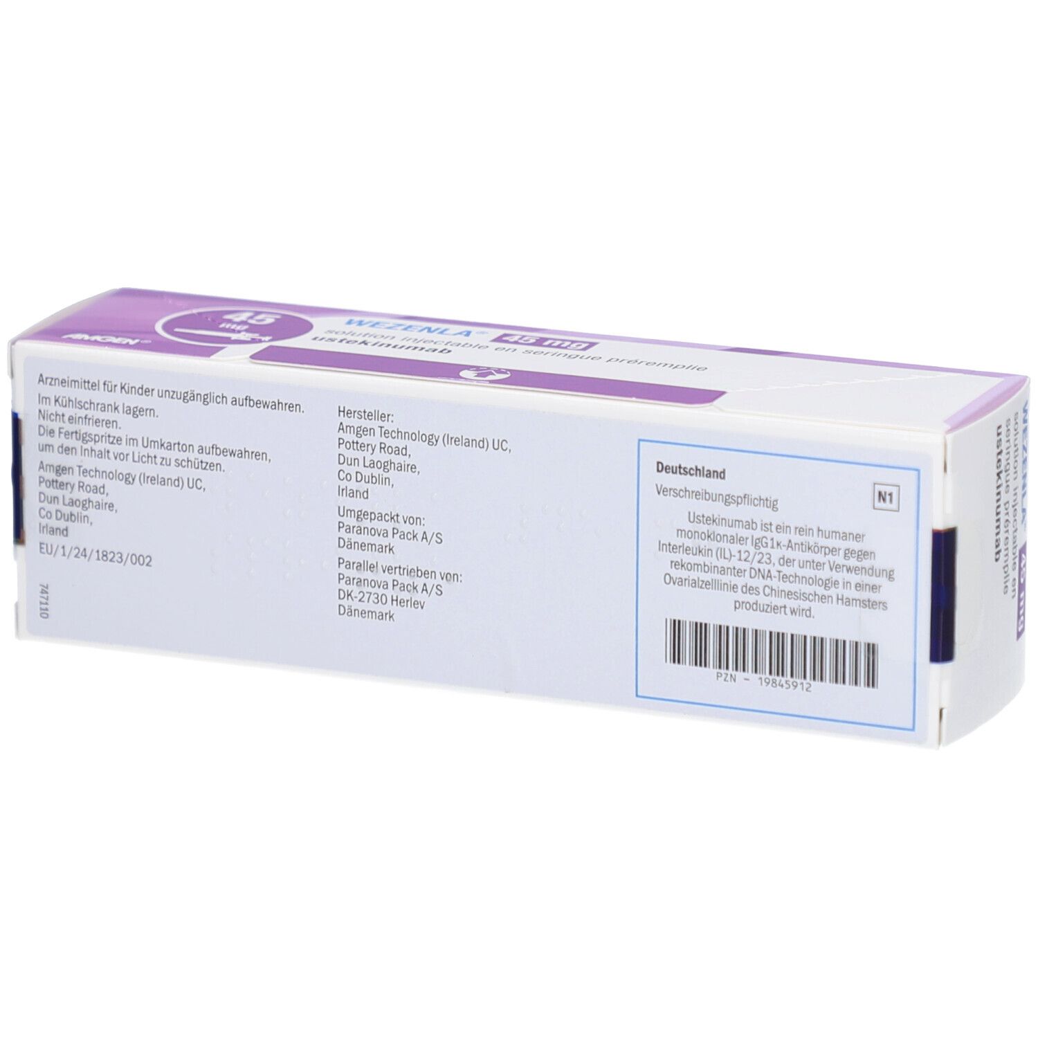 Rückseite der WEZENLA 45 mg Verpackung. Textinformationen in Deutsch. Hersteller- und Vertriebsinformationen.