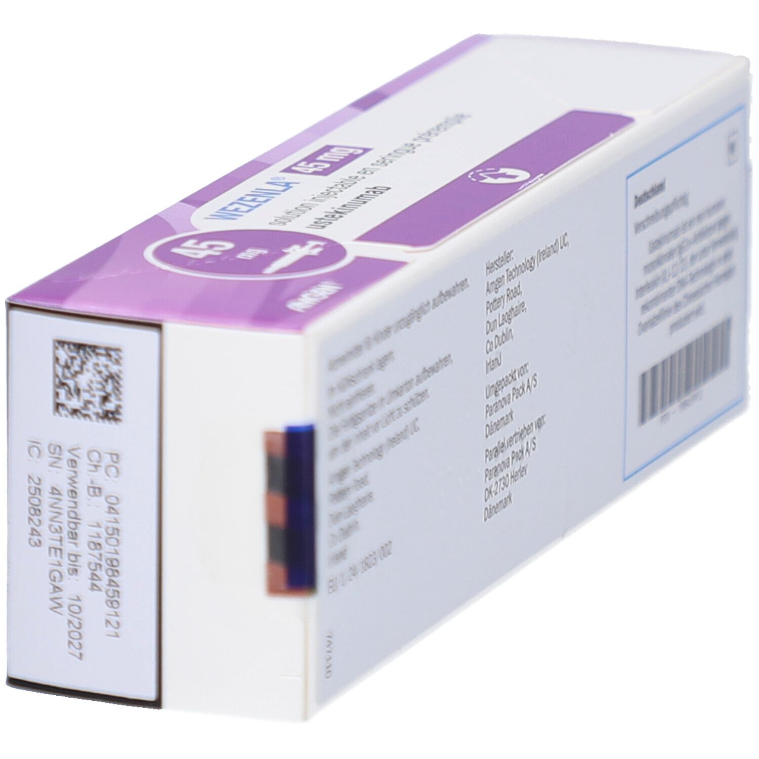 Ecke der WEZENLA 45 mg Verpackung. QR-Code und Textinformationen. Hersteller- und Chargeninformationen.